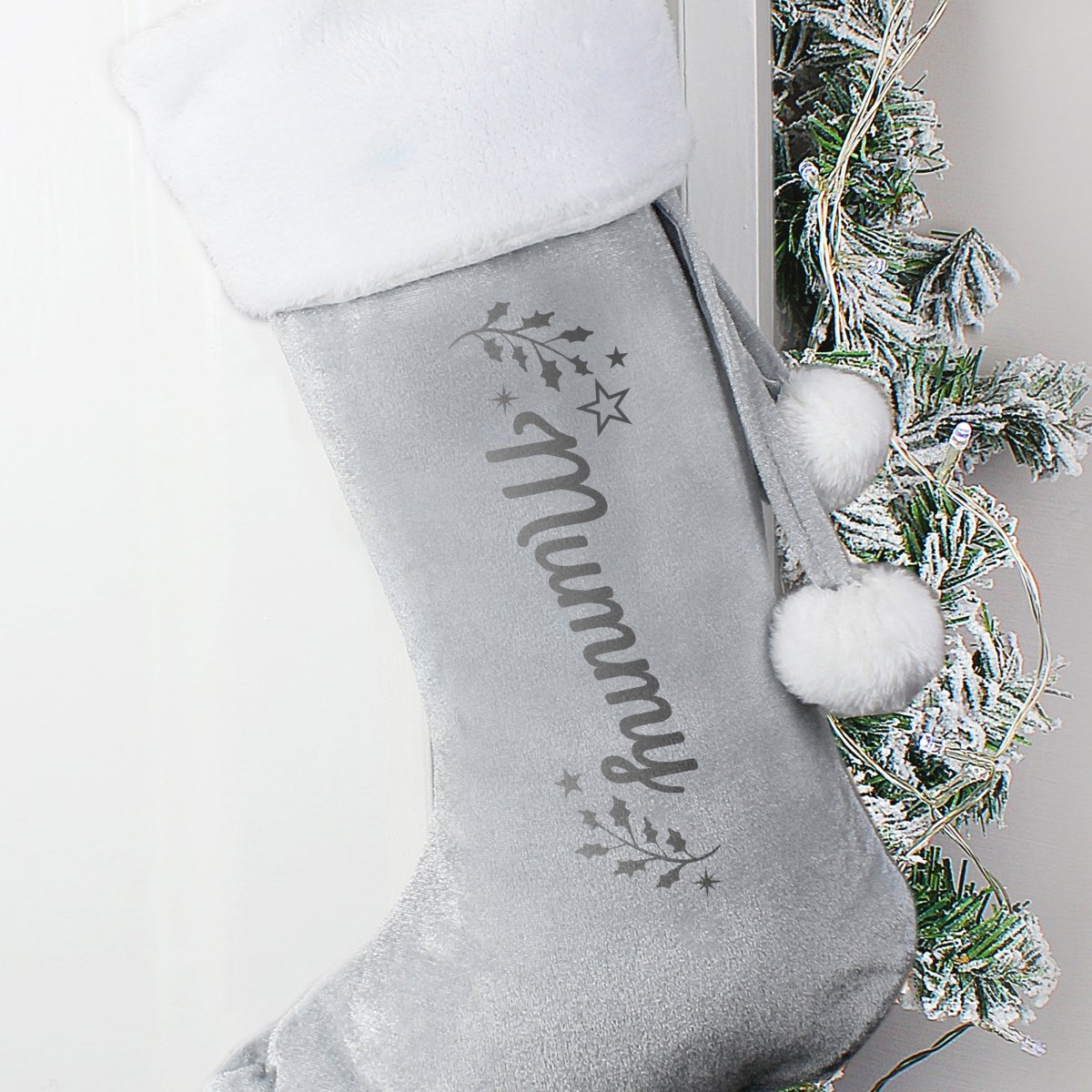 Personalised Holly Grey Christmas Stocking - I Want That Present