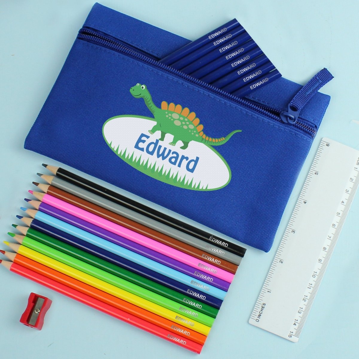 Personalised Blue Dinosaur Pencil Case with Personalised Pencils - I Want That Present