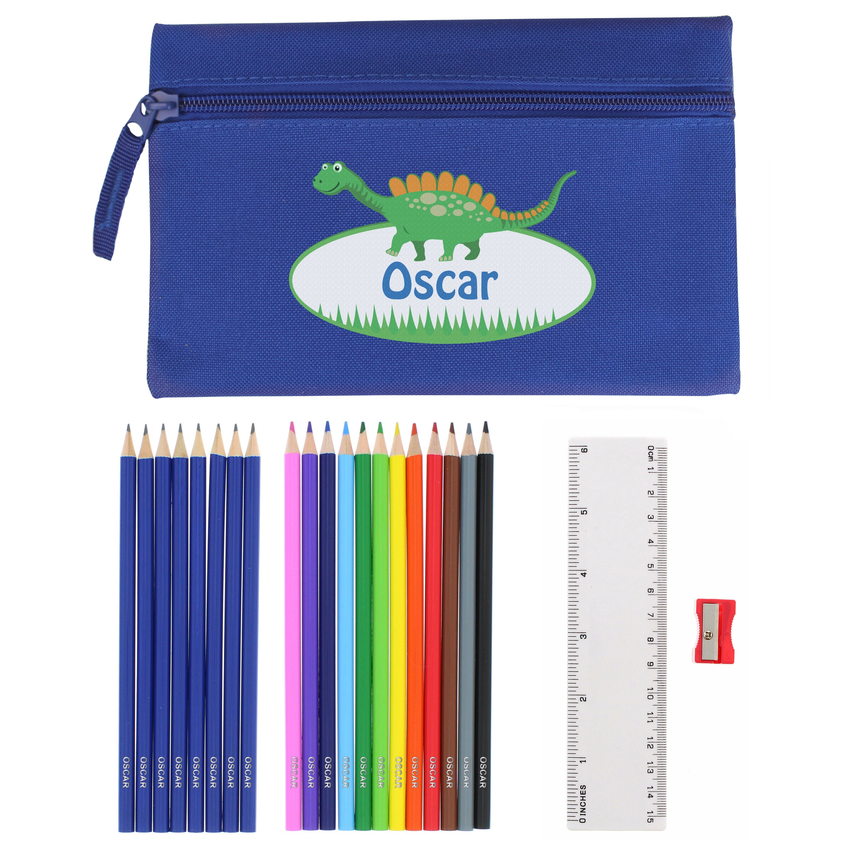 Personalised Blue Dinosaur Pencil Case with Personalised Pencils