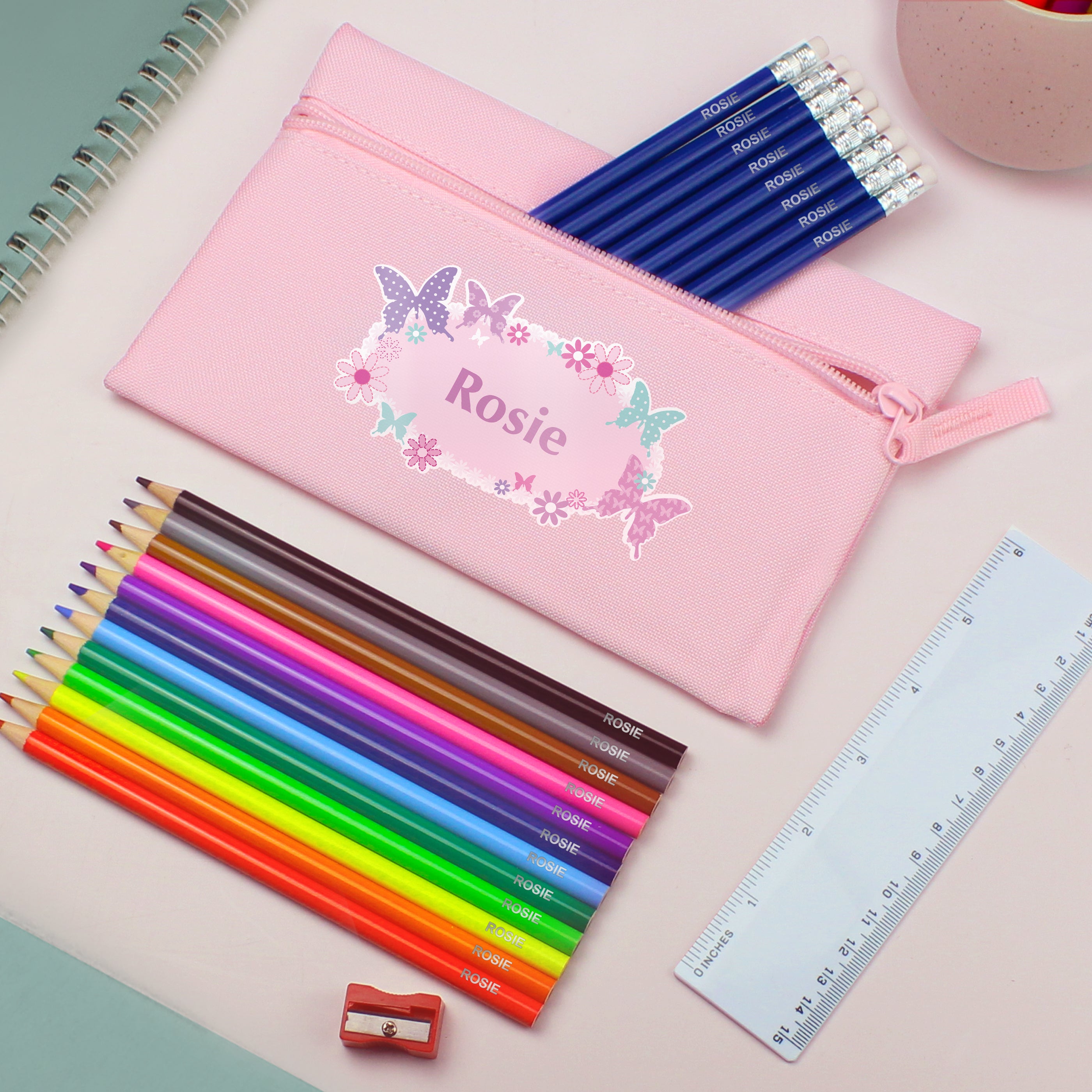 Pink Butterfly Pencil Case with Personalised Pencils