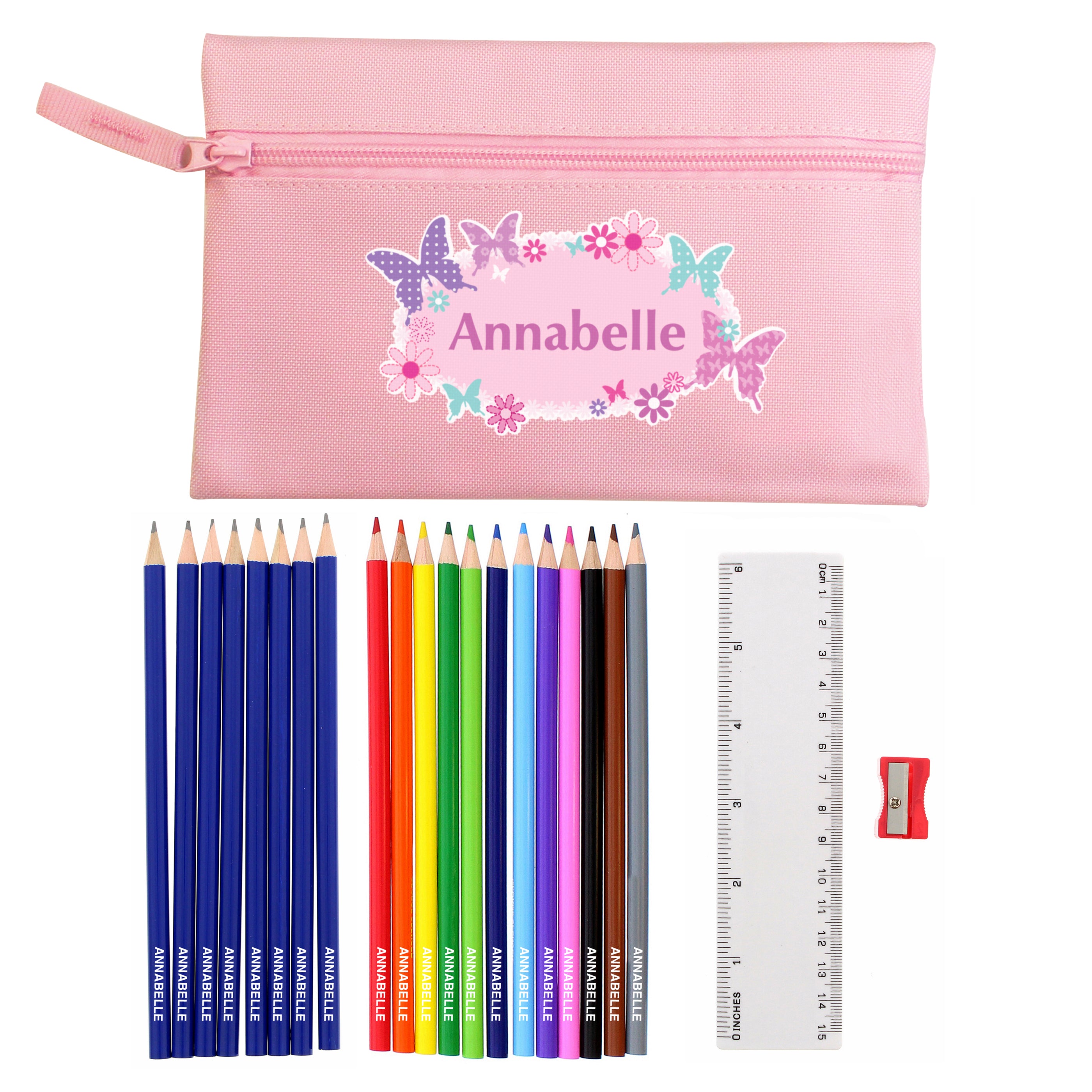Pink Butterfly Pencil Case with Personalised Pencils