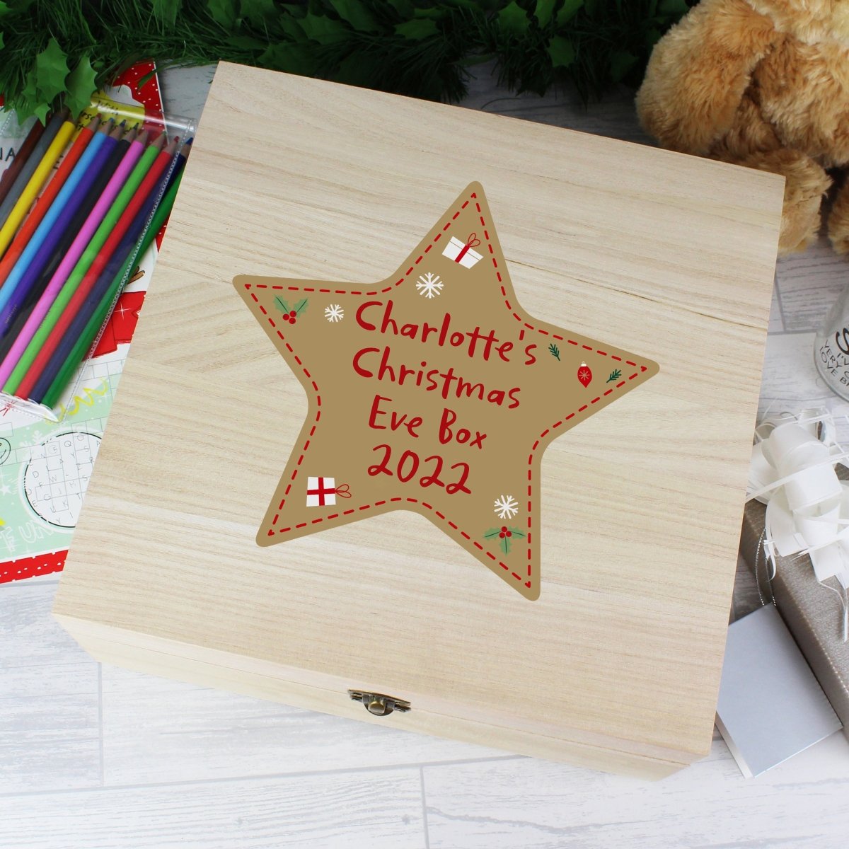 Personalised Wooden Christmas Eve Box - Star - I Want That Present