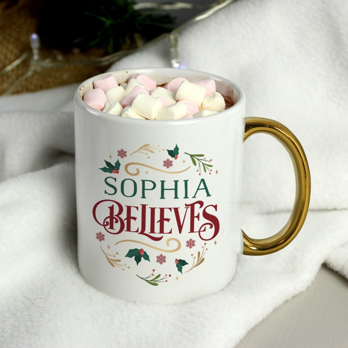 Personalised Believes In Christmas Gold Handled Mug - I Want That Present