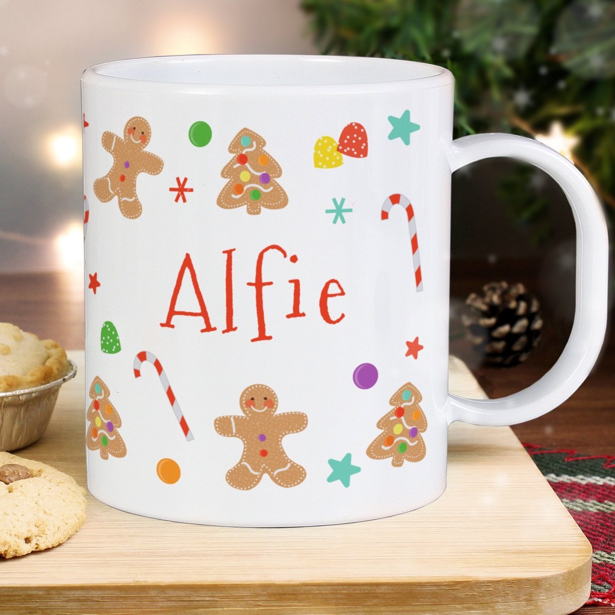 Personalised Gingerbread Pattern Plastic Mug - I Want That Present
