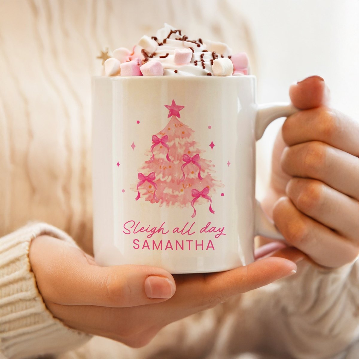 Personalised Pink Christmas Tree Mug - I Want That Present