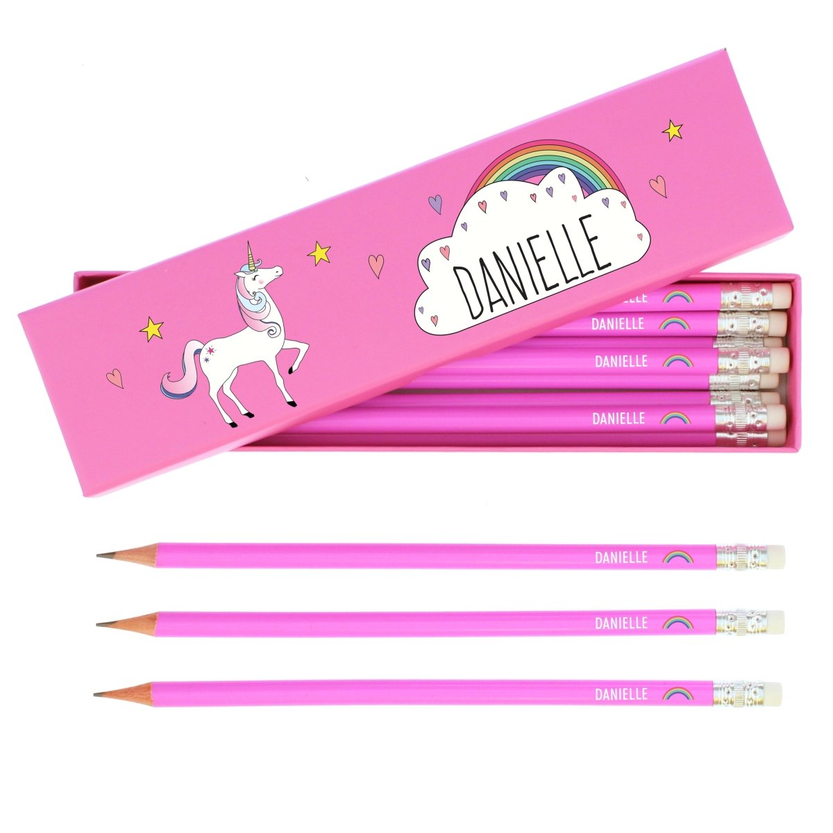Personalised Unicorn Box of 12 Pink HB Pencils - I Want That Present