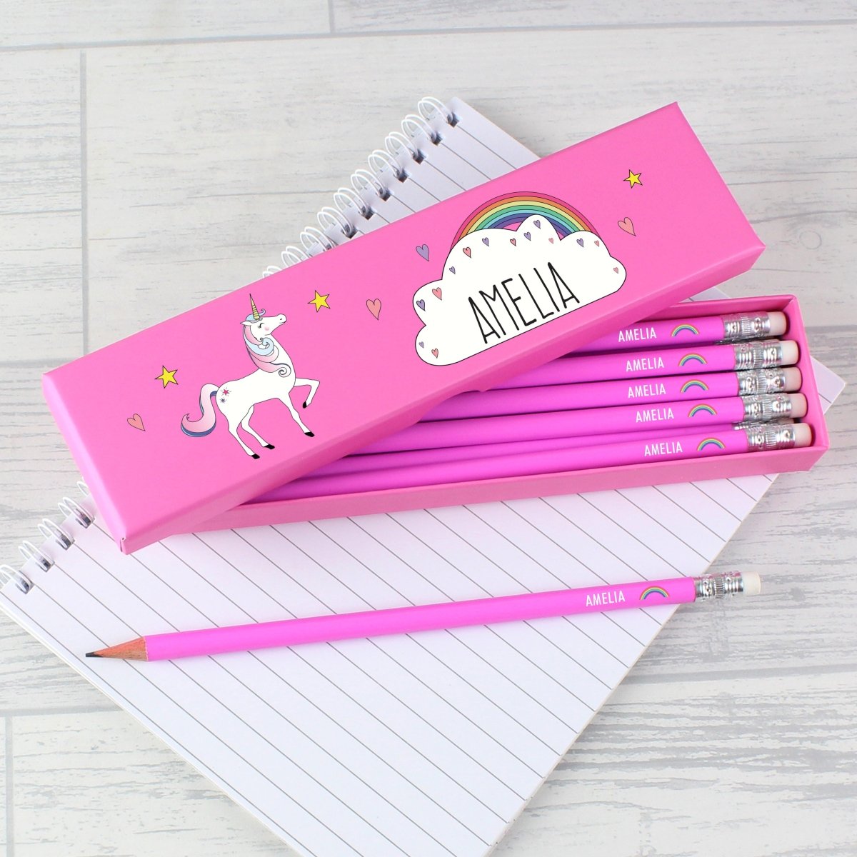 Personalised Unicorn Box of 12 Pink HB Pencils - I Want That Present