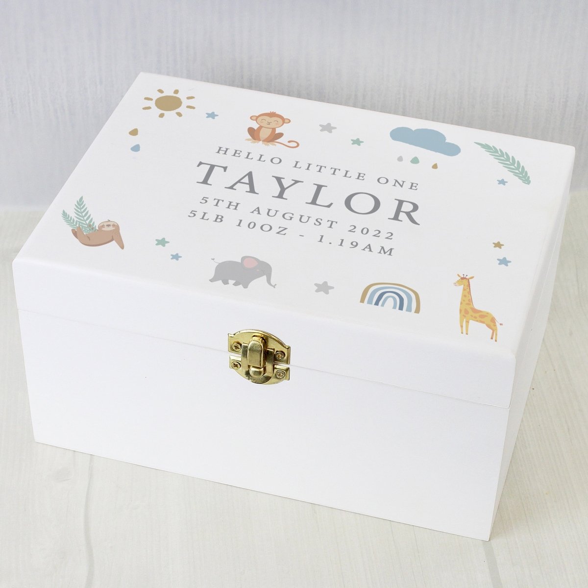 Personalised Safari Animals White Wooden Keepsake Box - I Want That Present