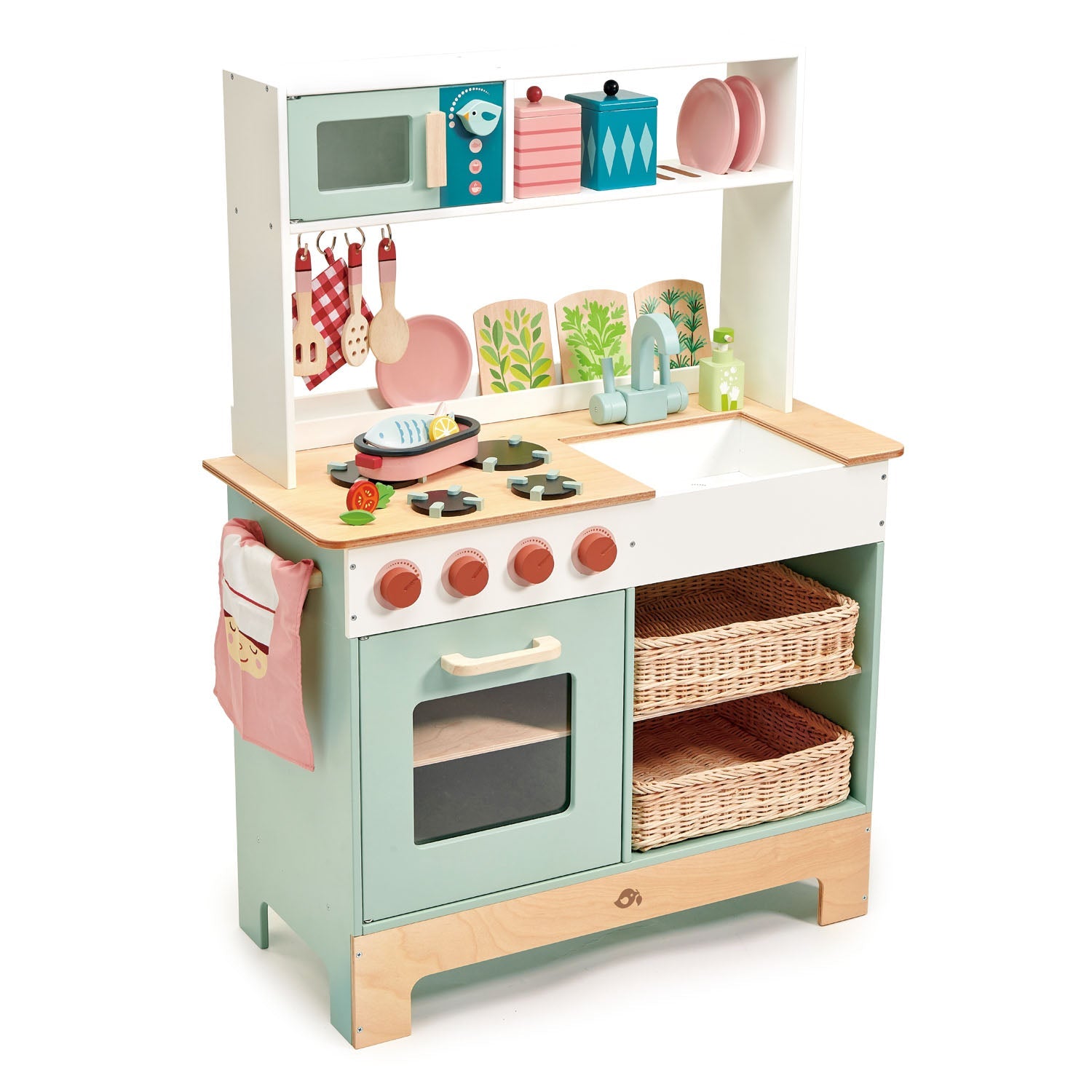Tender Leaf Toys Kitchen Range - A beautifully designed, expansive wooden play kitchen with oven, cooker hobs, and microwave. Includes play food, modern wicker basket drawers, and accessories for pretend cooking