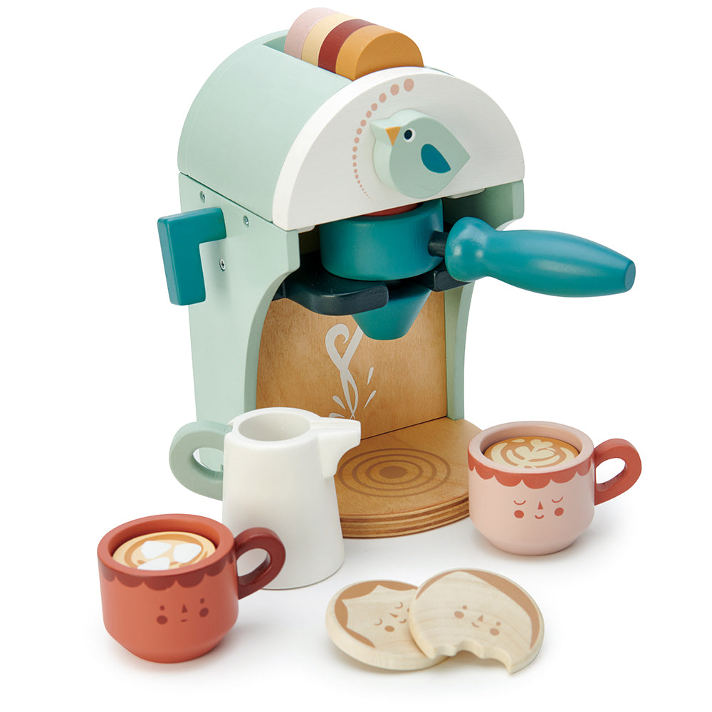 tender leaf toys bacychinno macine with two cuts, a milk jug and 2 biscuits in muted blue colours