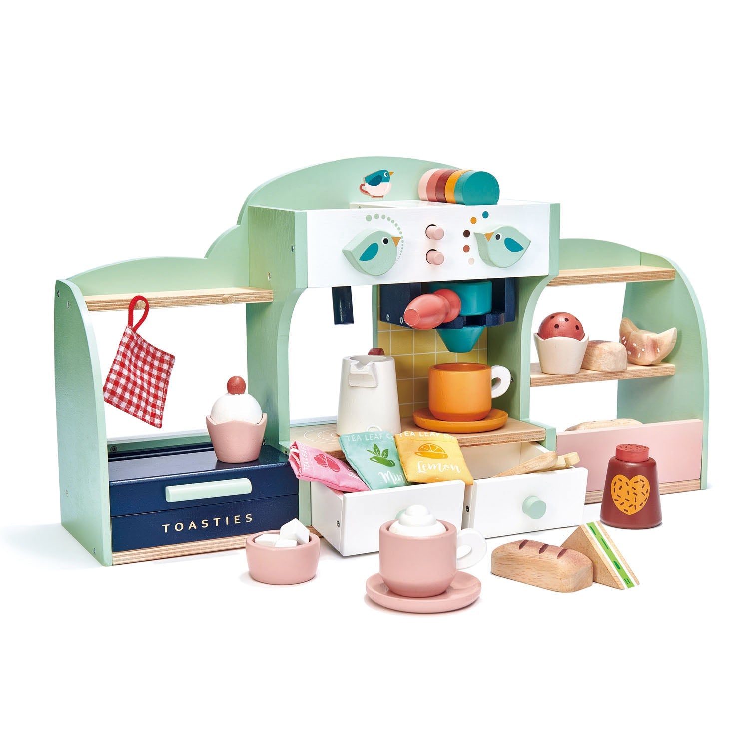 Birds Nest Wooden Toy Cafe by Tender Leaf Toys - A delightful coffee shop-themed toy for gathering friends and honing barista skills. Features double-sided play for hours of fun, gender-neutral design, and learning through imaginative play.