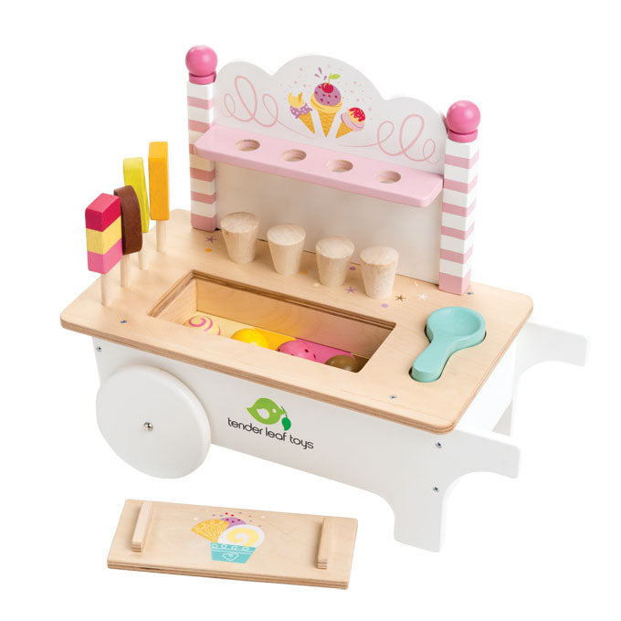 tender leaf toys ice cream cart in pretty pastel colours with lollies and ice cream cones