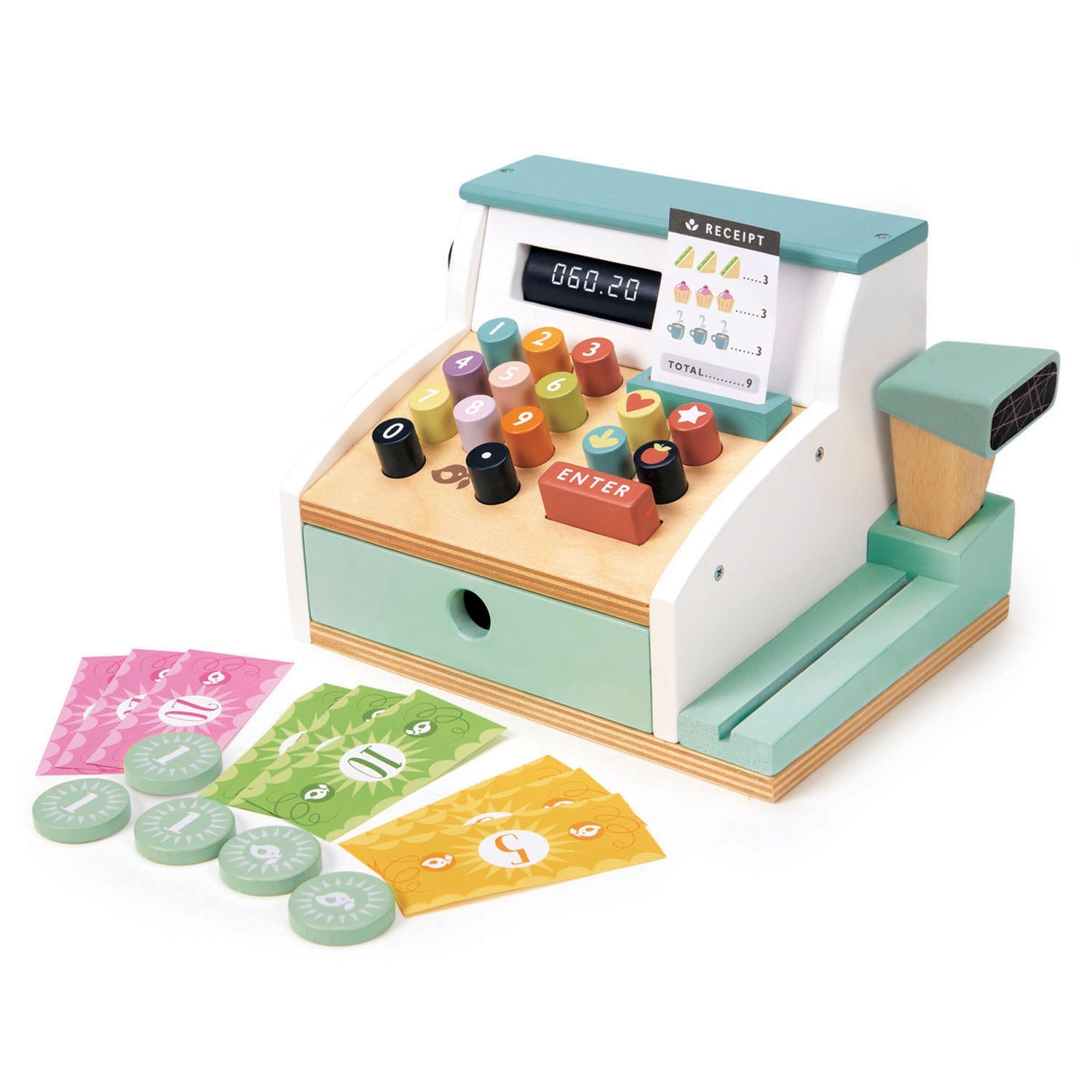 tender leaf toys colourful cash register with a scanner, money and a receipt