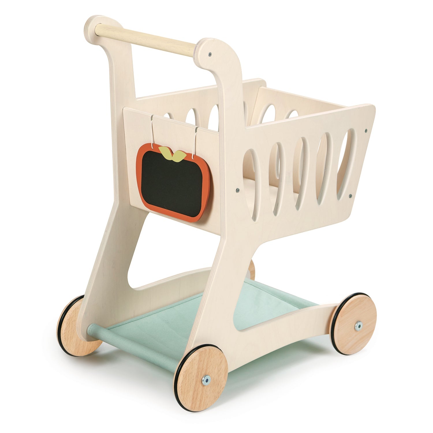 Tender Leaf Toys Shopping Cart - A stylish wooden shopping cart with a fabric base and an apple-shaped chalkboard, perfect for shopping adventures and creative lists or drawings.