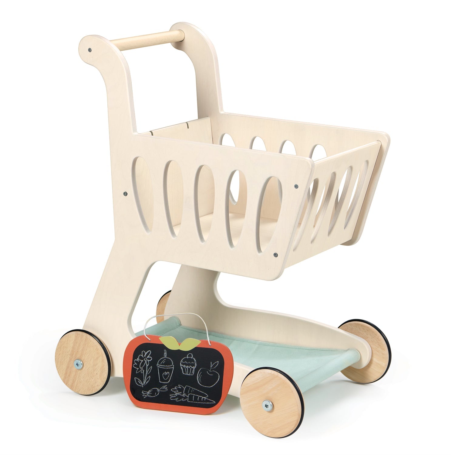 Tender Leaf Toys Shopping Cart - A stylish wooden shopping cart with a fabric base and an apple-shaped chalkboard, perfect for shopping adventures and creative lists or drawings.