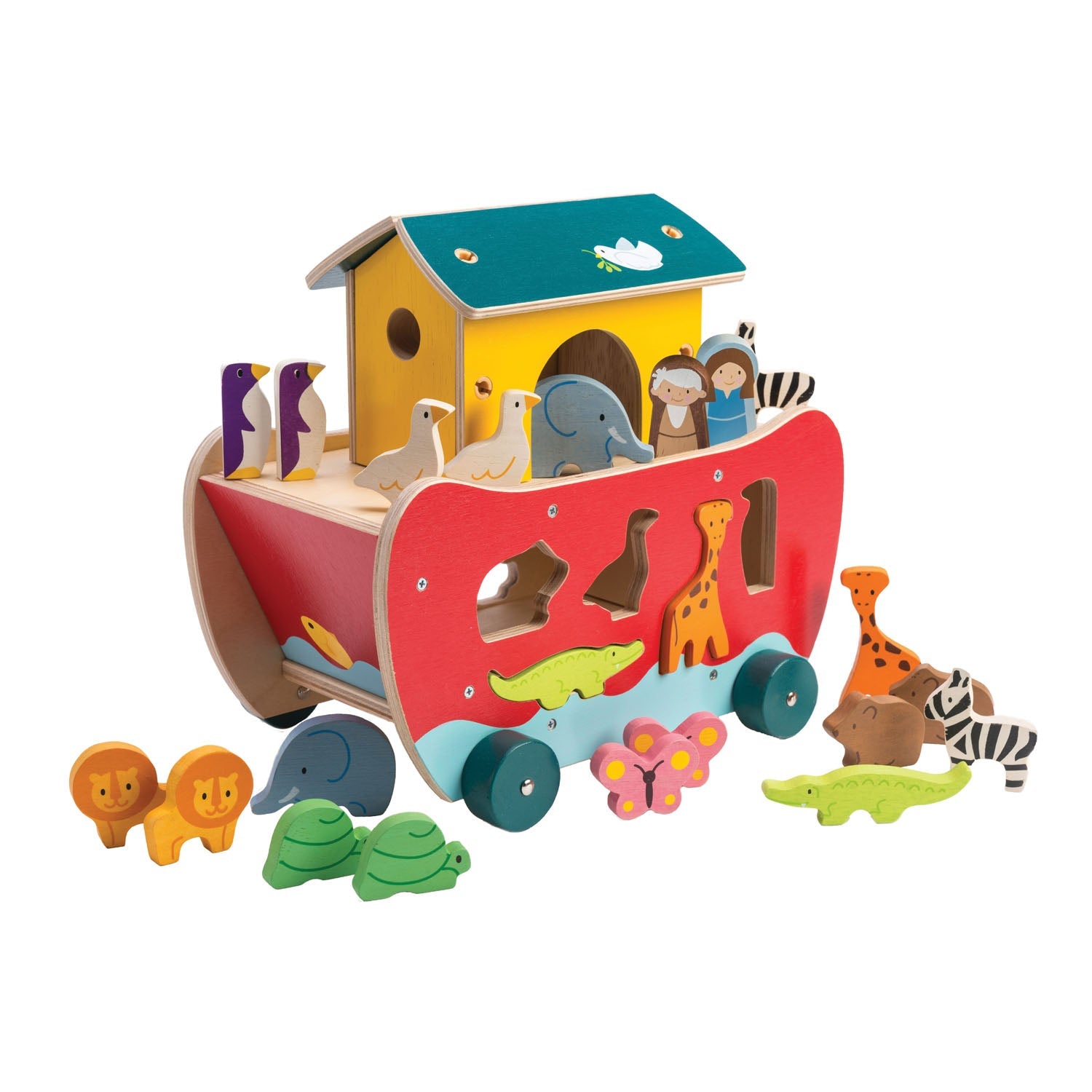 tender leaf toys painted red, blue and yellow shape sorter ark surrounded with 2 of each animal