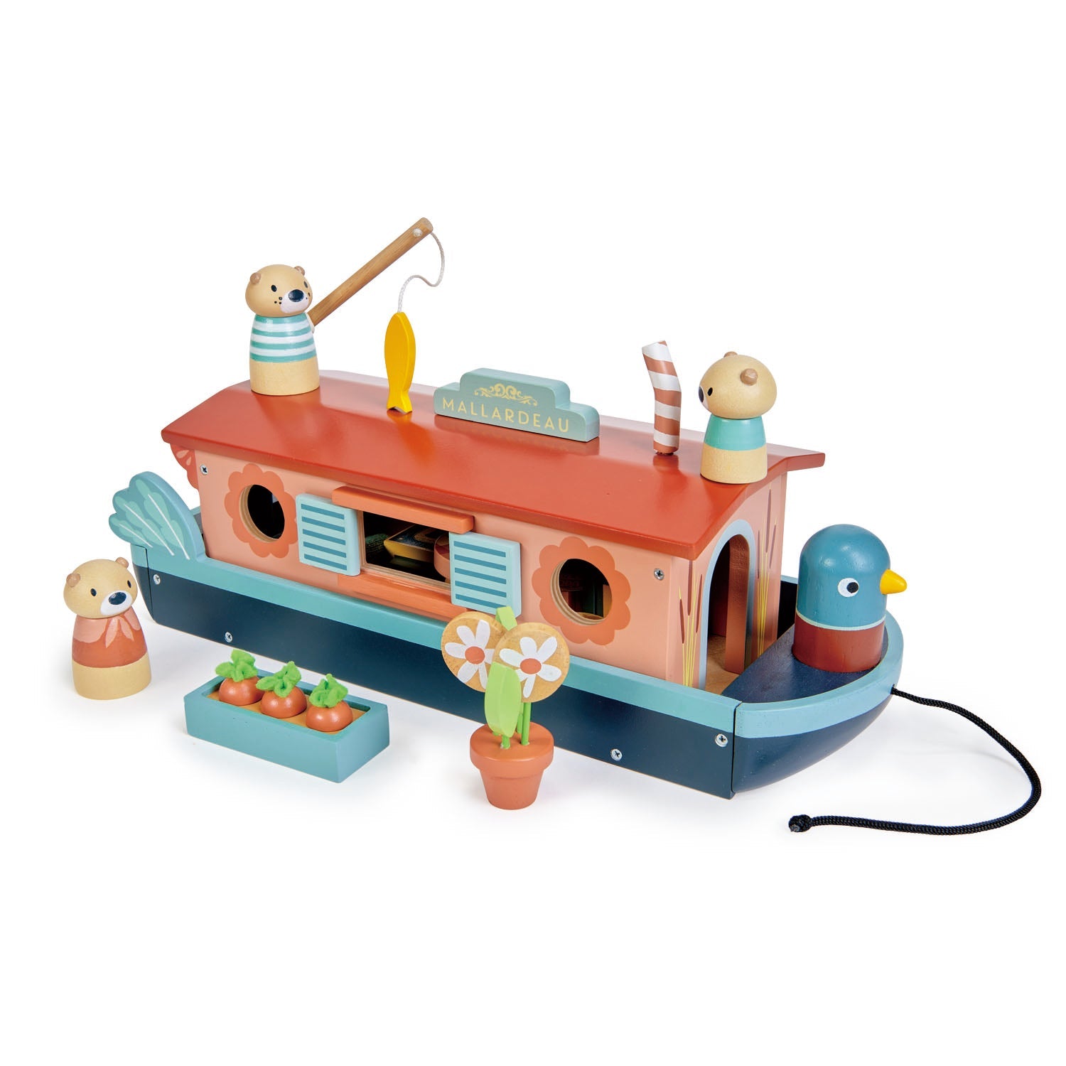Tender Leaf Toys Little Otter Canal Boat - A charming wooden doll family residing in the 'Malardeau' canal boat. Promotes language development, emotional awareness, and storytelling in children