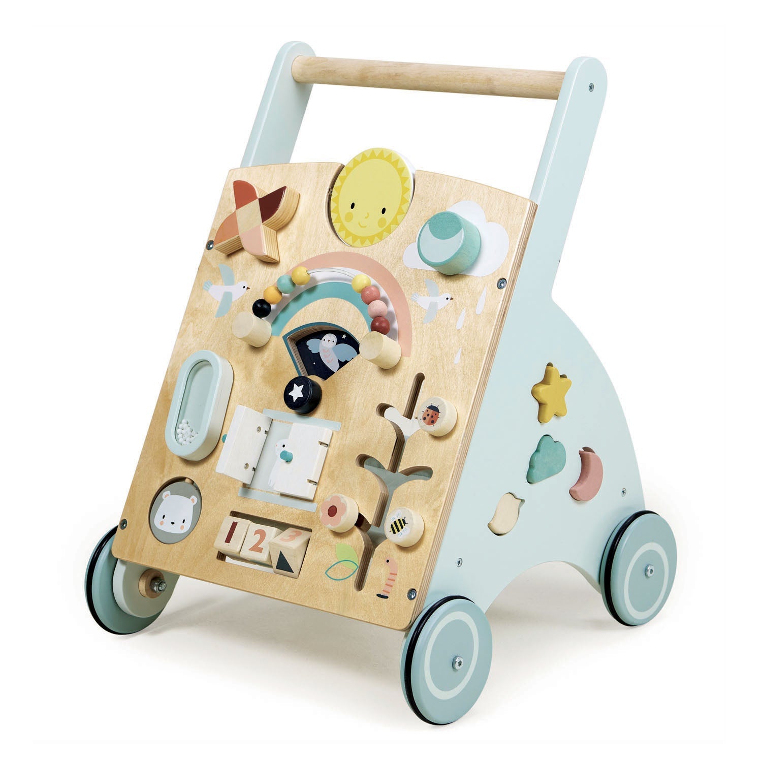 Tender Leaf Toys Sunshine Baby Activity Walker - A stylish and interactive toddler walker with weather-inspired features, promoting confidence, motor skill development, and offering storage with a fabric canopy.