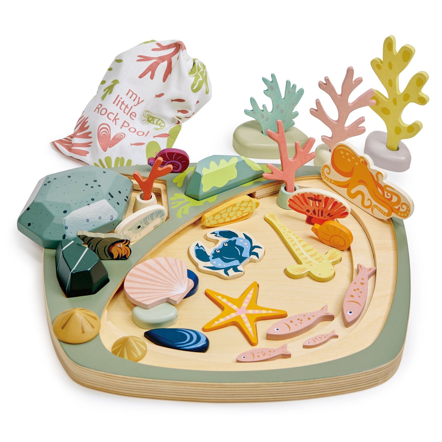My Little Rock Pool" by Tender Leaf Toys - A plastic-free Montessori toy featuring beautifully painted wooden pieces for stacking and sorting on a layered rock pool base, with coral elements for creating a 3D ocean world.