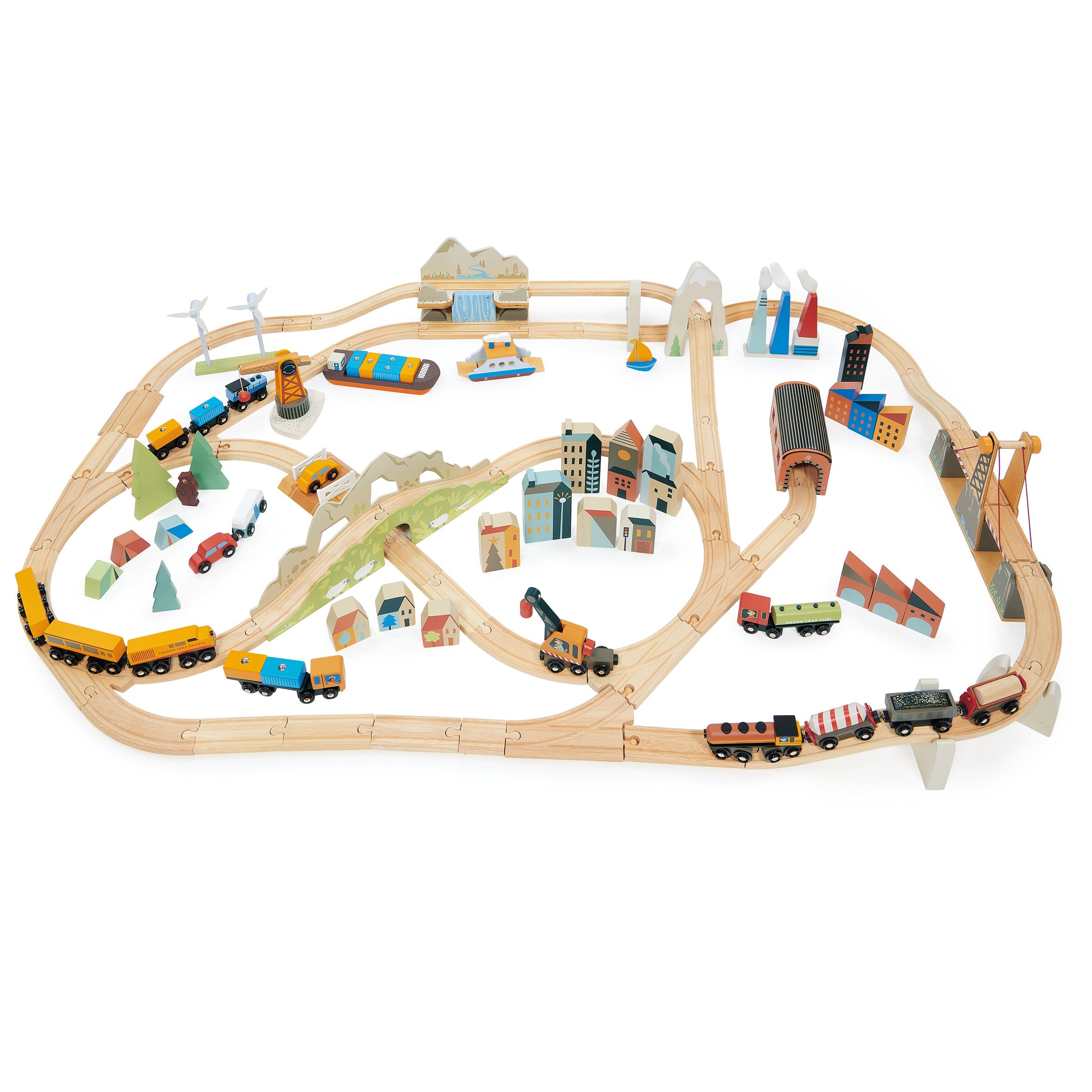 Tender Leaf Toys Mountain View Train Set - A modern twist on traditional train toys with 58 track pieces and various accessories for creating Industrial, Town, and Holiday landscapes. Perfect for endless imaginative play!