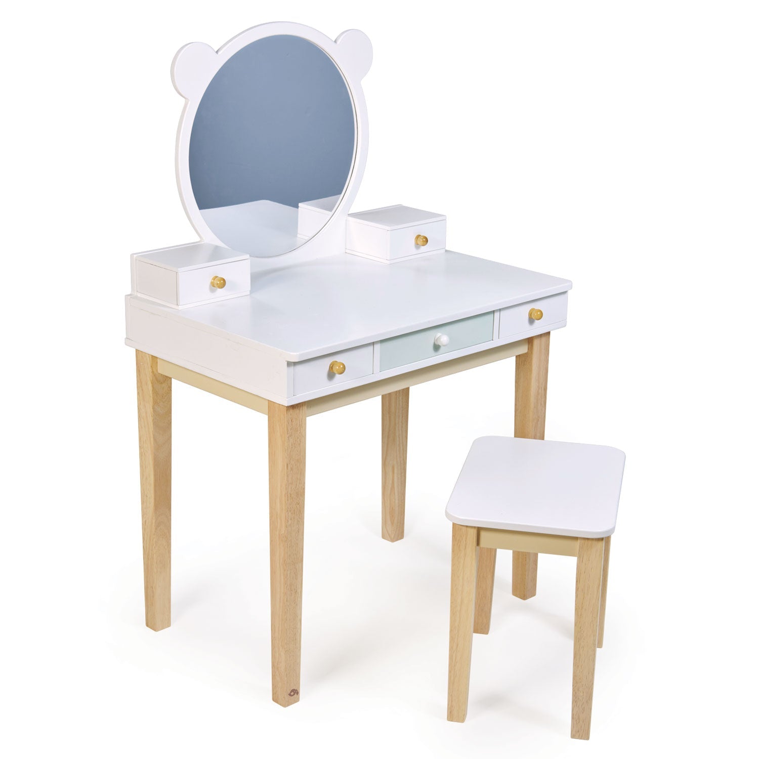 ender Leaf Toys Forest Dressing Table - A part of the forest furniture collection, this dressing table and stool are suitable for both boys and girls. Includes 5 drawers and a large round mirror inspired by forest animals