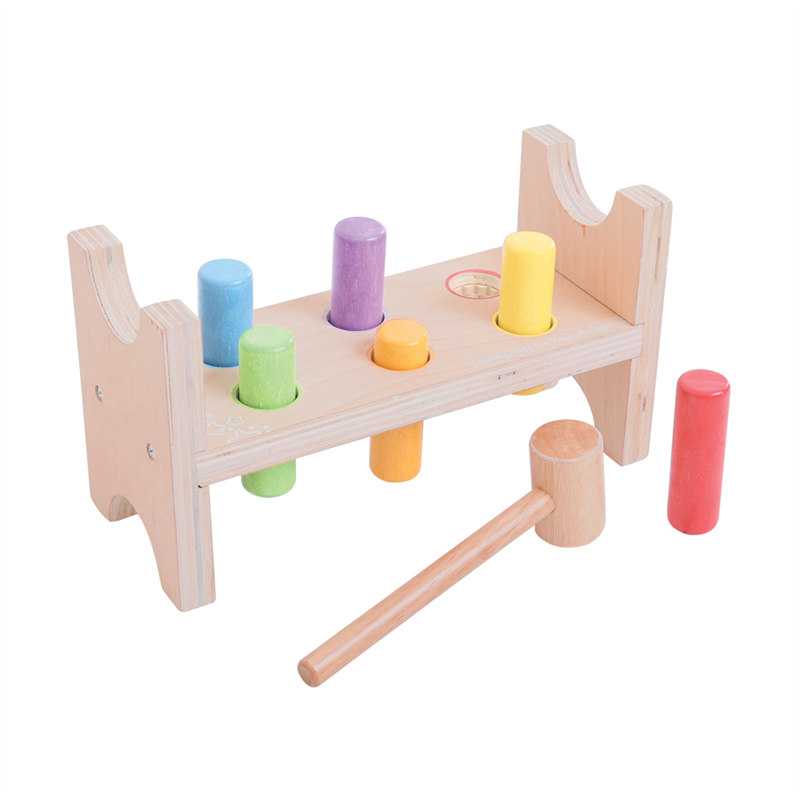 bigjigs natural wooden hammer bench with pastel colour pegs and a natural hammer