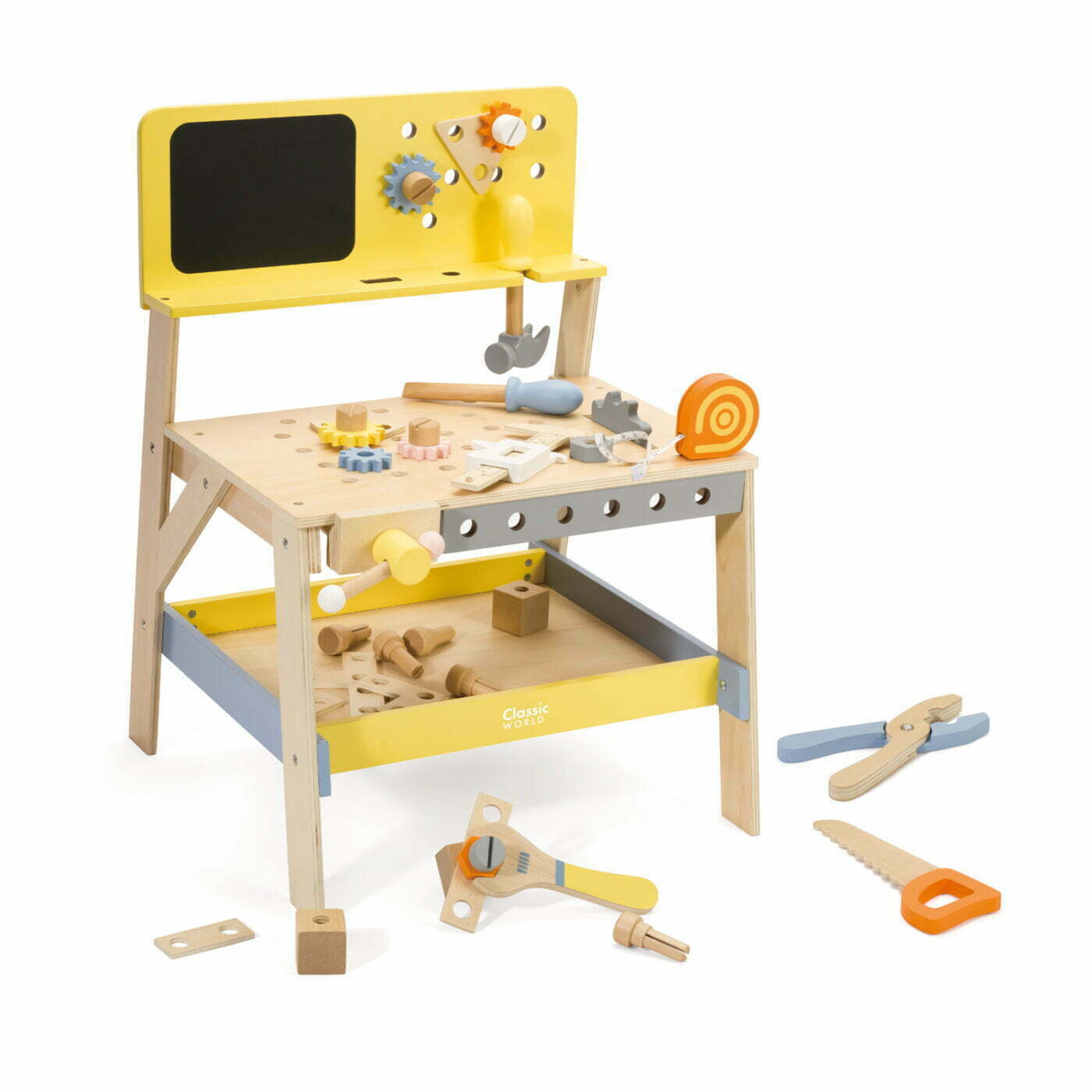 bright yellow and natural wood workbench with various tools 
