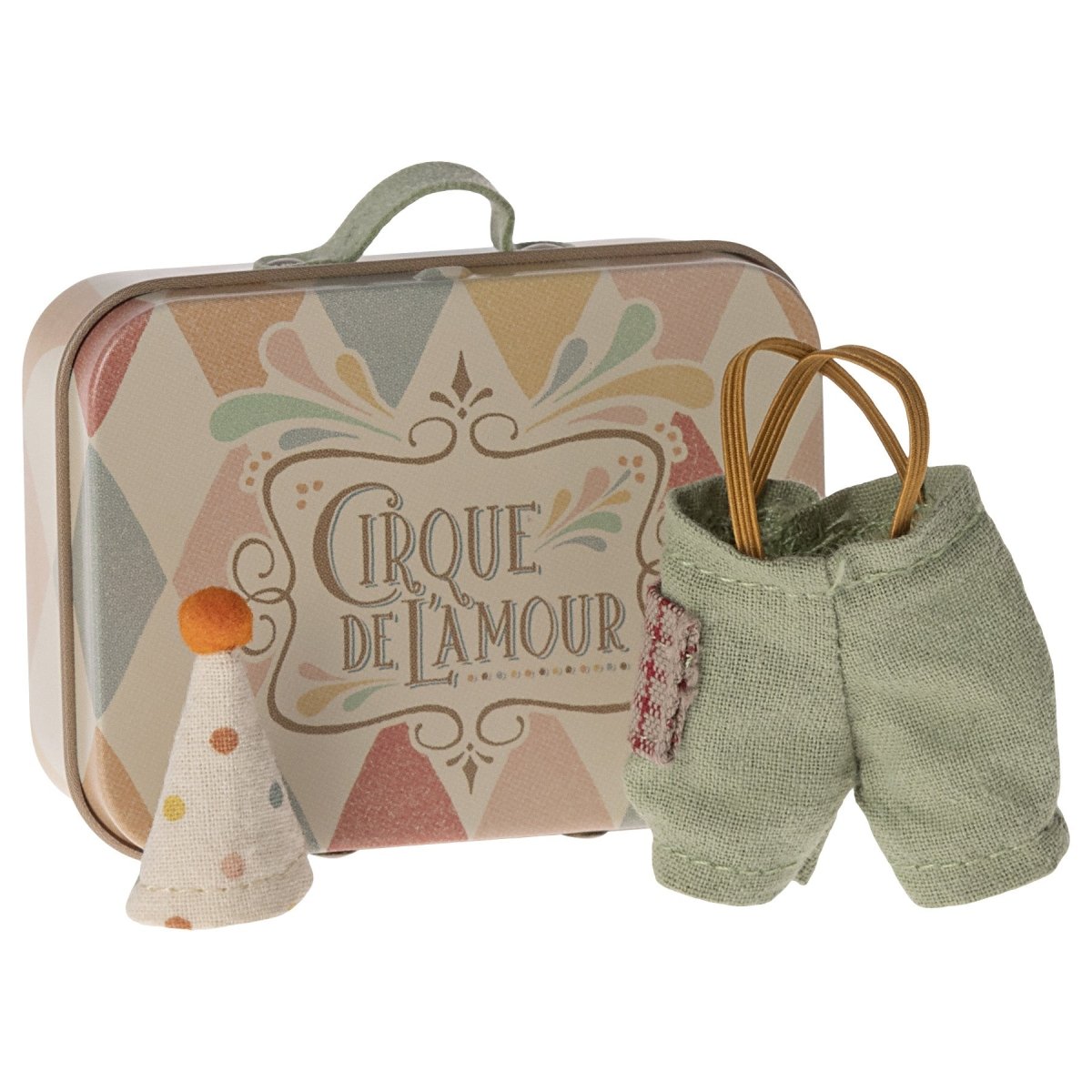 Maileg Clown Clothes in Suitcase, Little Brother Mouse - I Want That Present