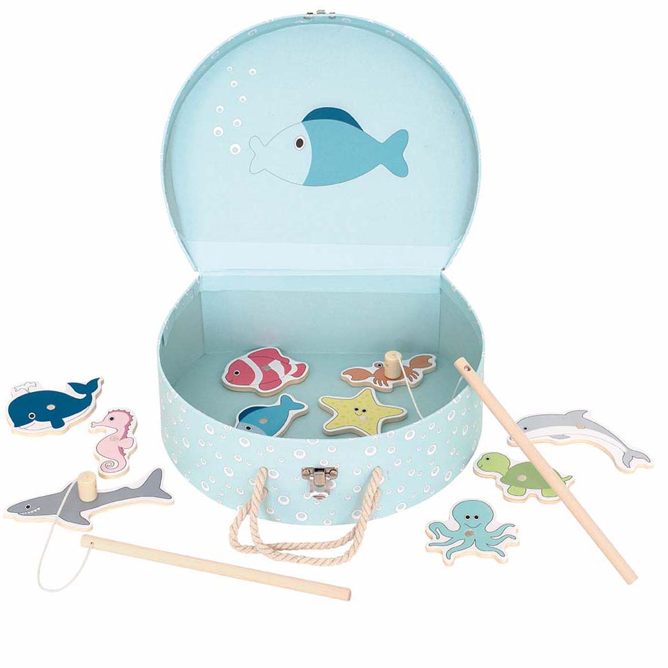 blue open case with wooden fish shapes inside and two small wooden fising rods