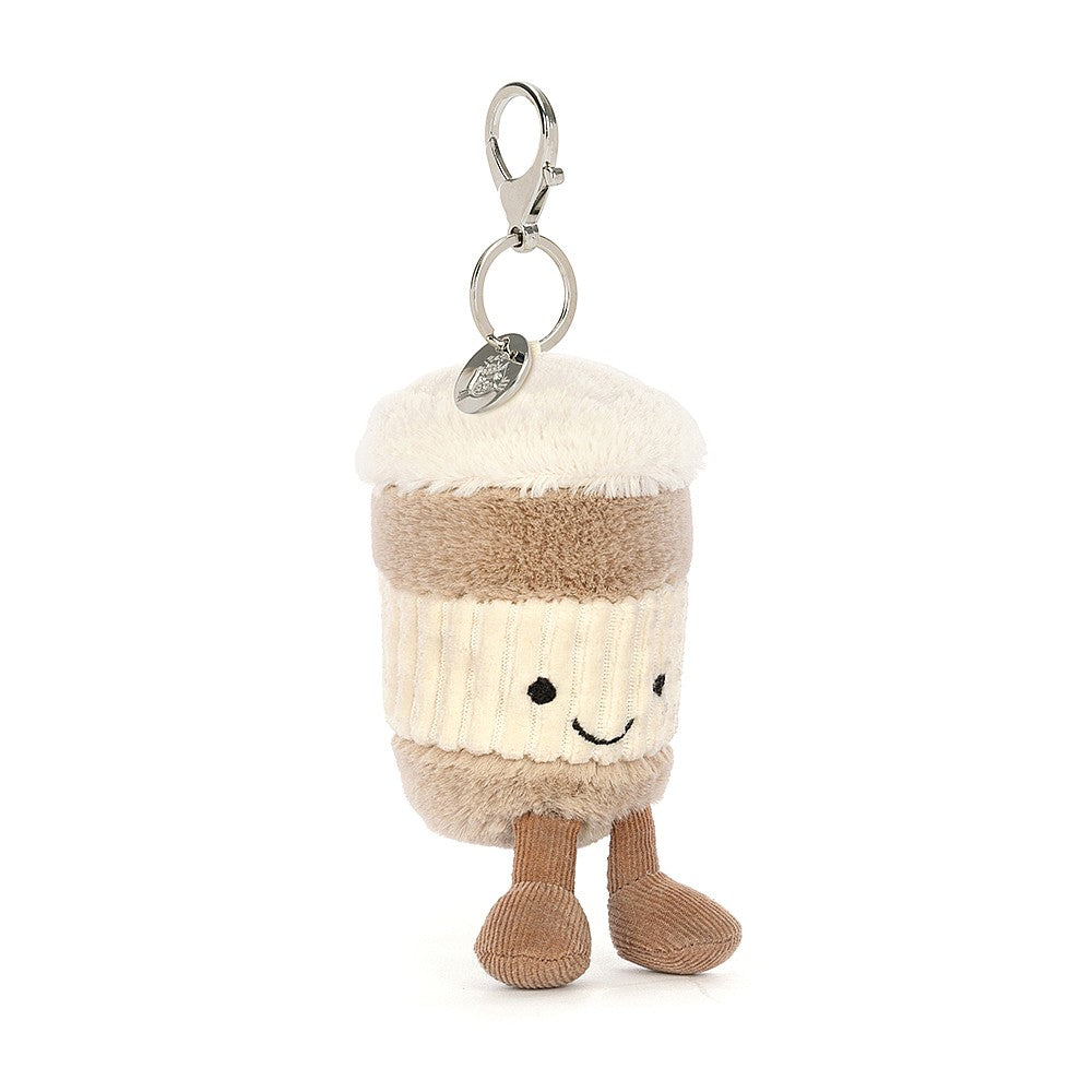 jellycat amuseable coffee to go bag charm with a cute embroidered face and corduroy dangling legs