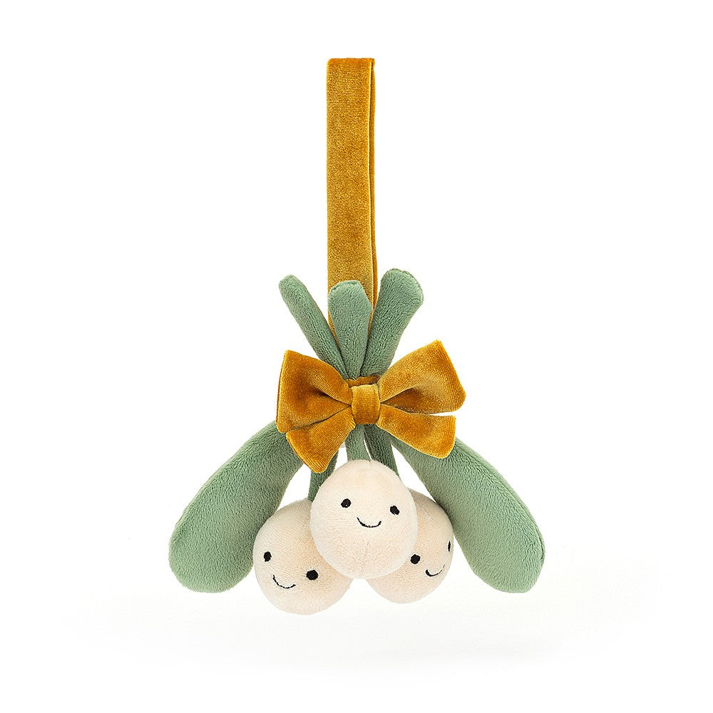 jellycat amuseable mistletoe has three white berries each with a cheeky embroidered face, kept together with a gold bow