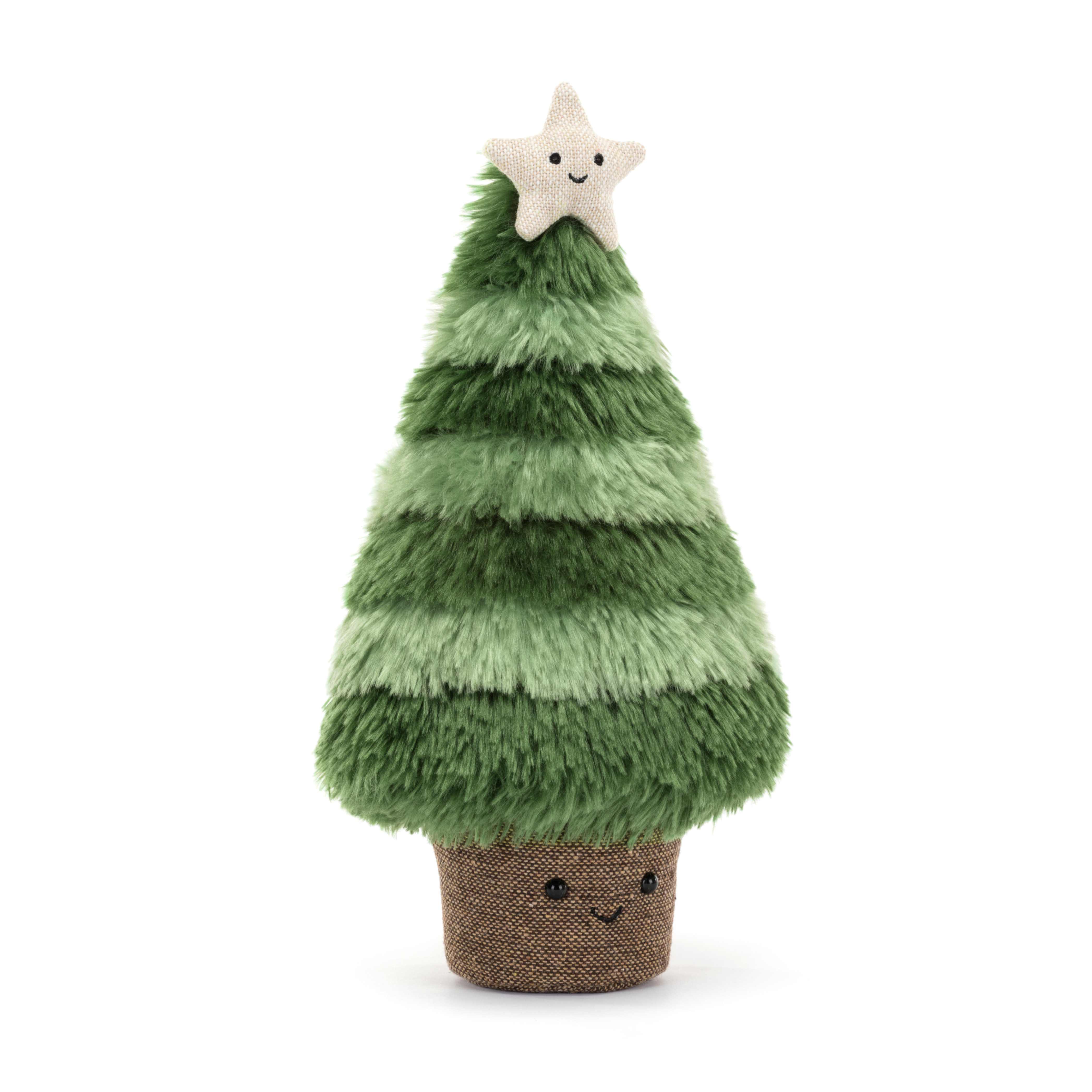 jellycat amuseable nordic spruce christmas tree with dark and light fur, a smiley face on the pot and a little star with a smiley face on top