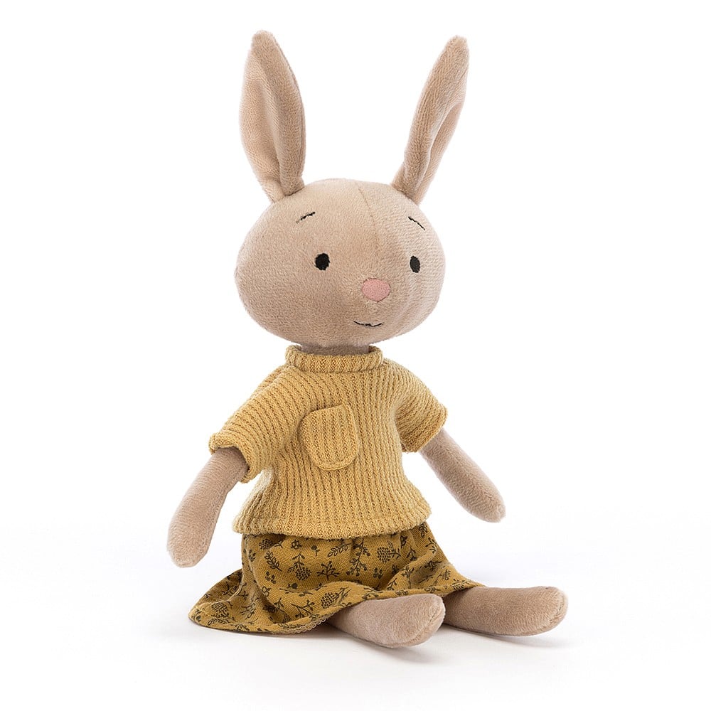 jellycat bunny dressed in a mustard jumper &  patterened skirt