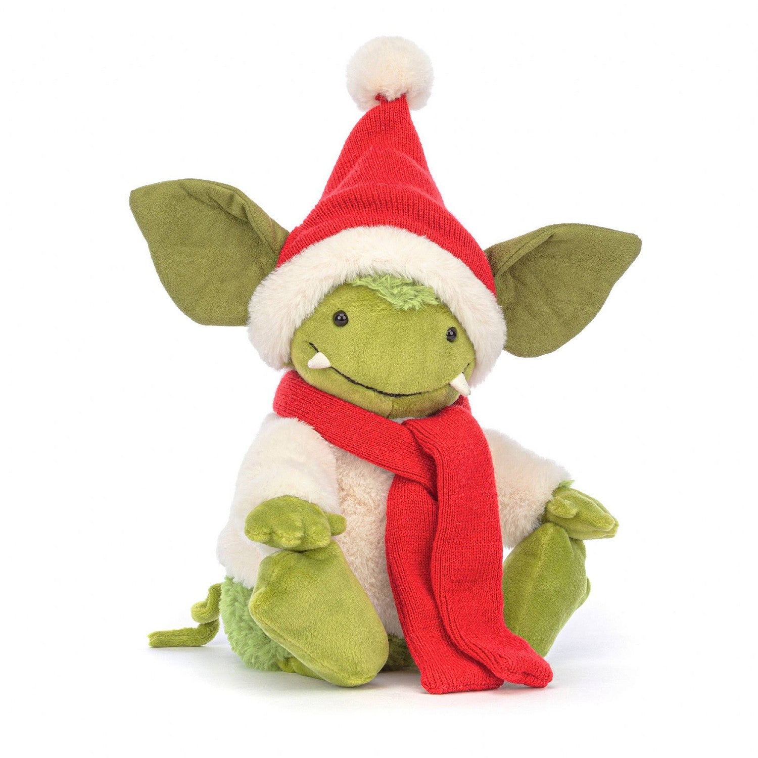 jellycat Christmas green grizzo gremlin with a red hat and scarf