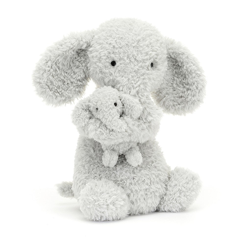 jellycat soft pale grey parent elephant cuddling a baby elephant the their arms