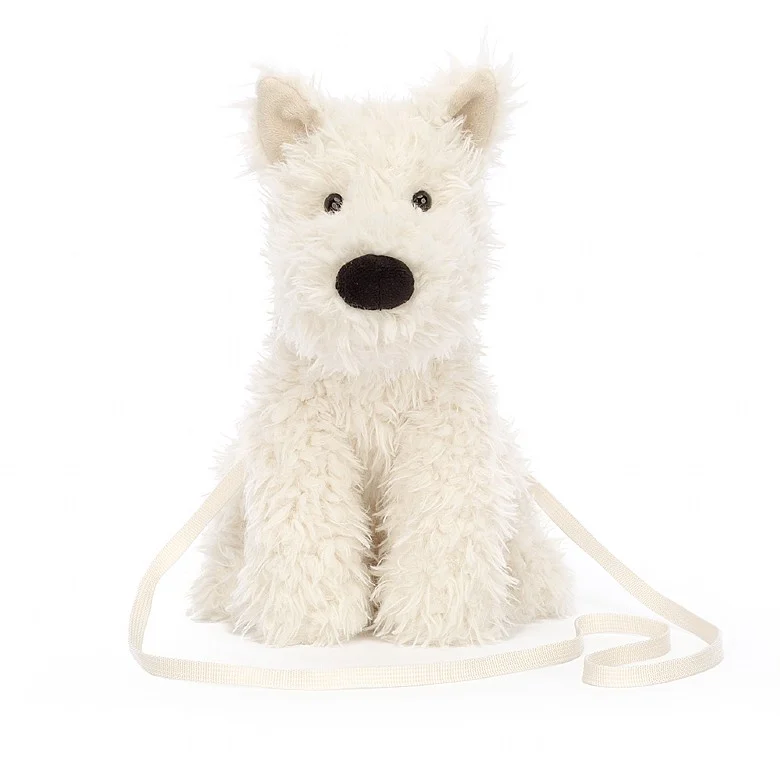 Jellycat Munro Scottie Dog Bag with white tussled fur