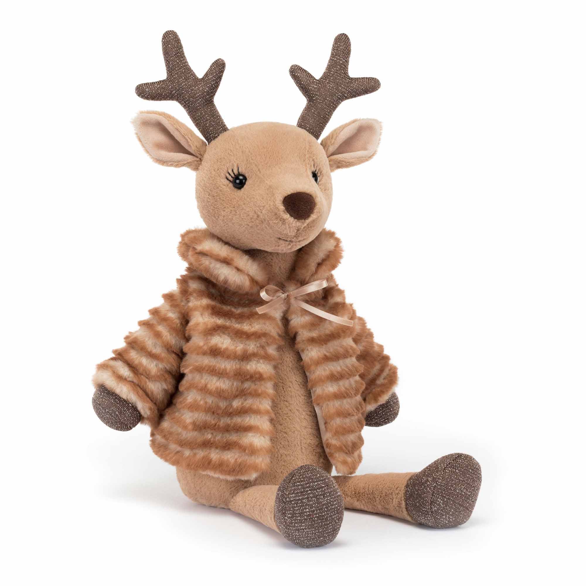 jellycat sophia reindeer with sparkly antlers and hooves dressed in a soft fur coat