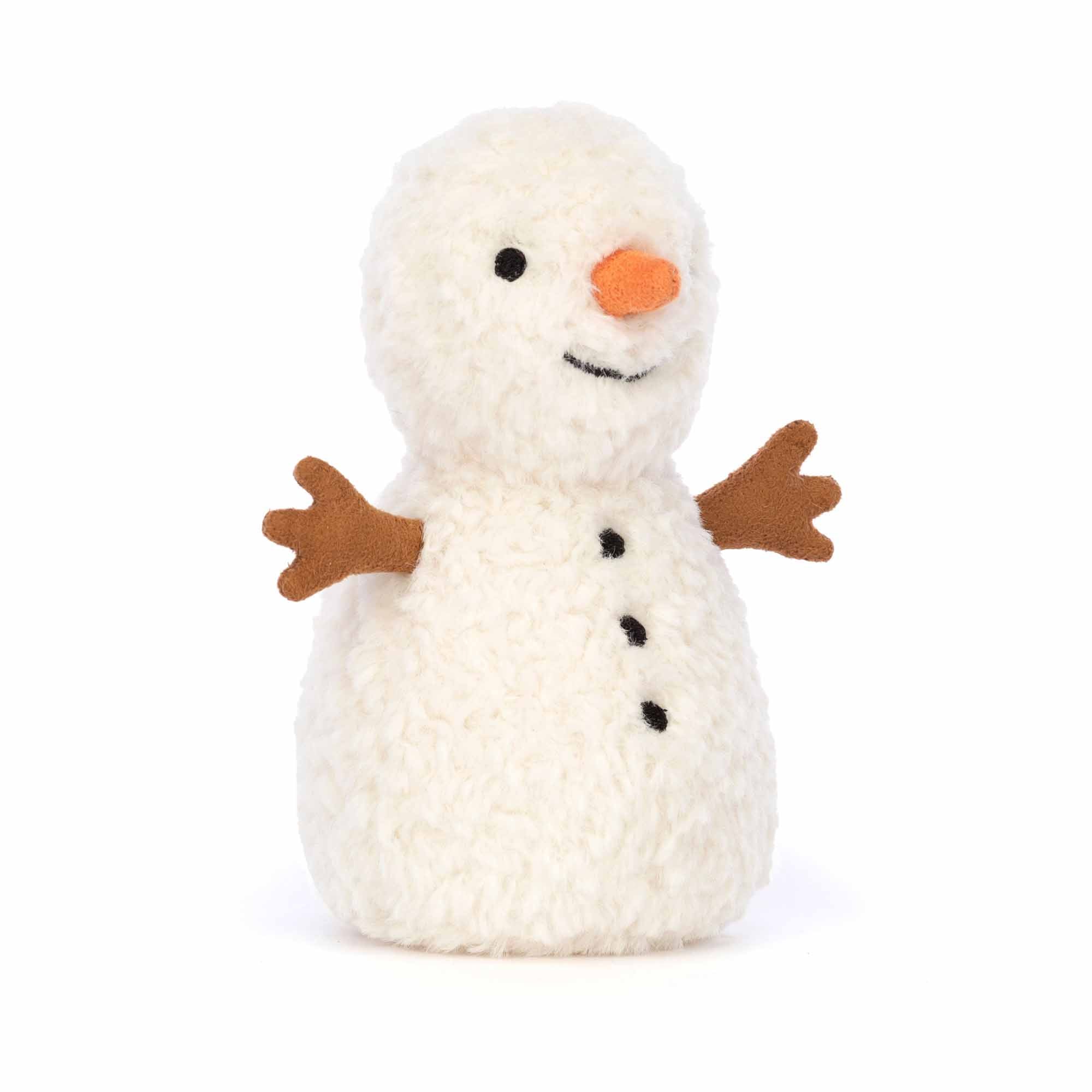 jellycat white fur snowman with black coal eyes and an orange carrot nose