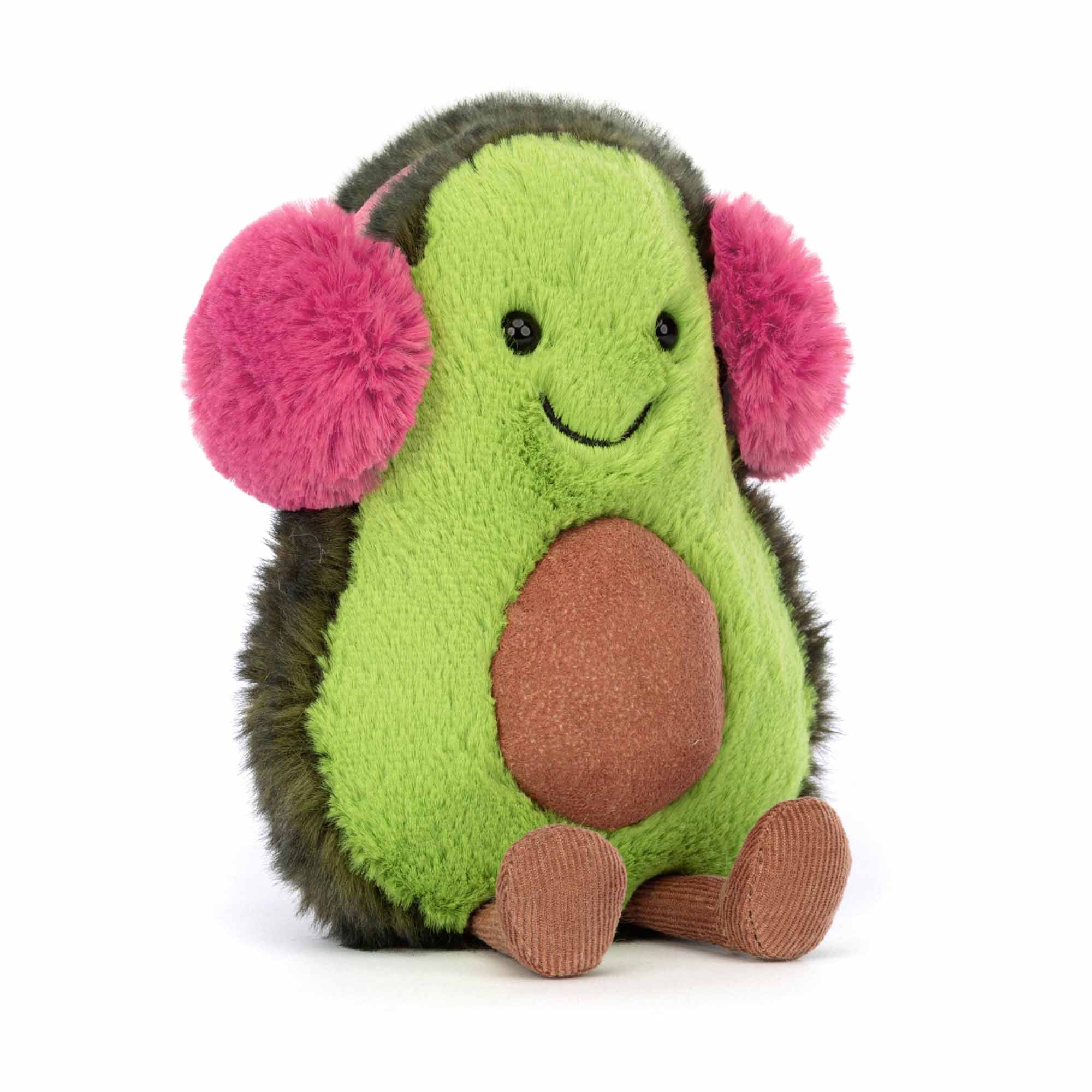cute jellycat toastie amuseable avocado with pink earmuffs soft toy