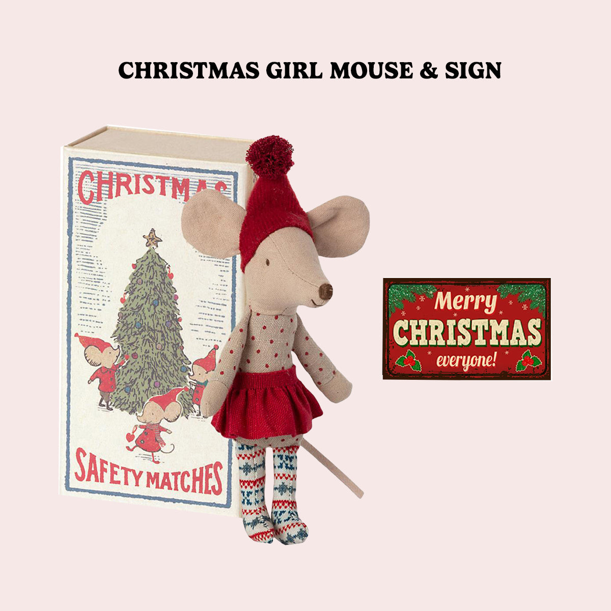 Maileg Christmas Mouse, Big Sister & Handmade Miniature Sign - RARE & RETIRED