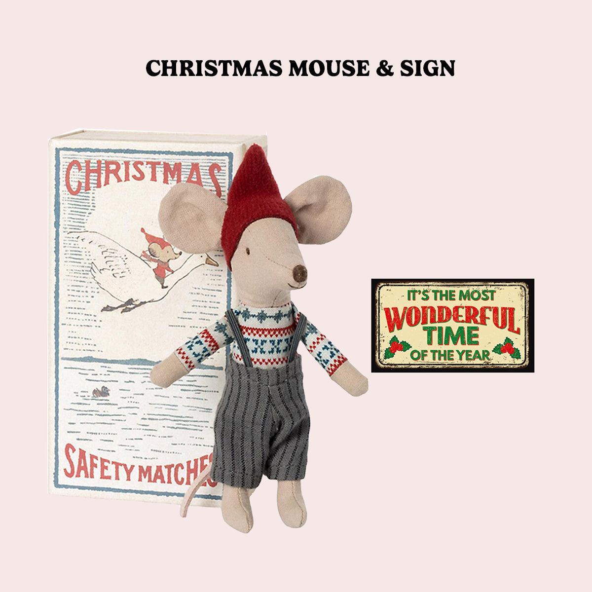 Maileg Christmas Mouse, Big Brother & Handmade Miniature Sign - RARE & RETIRED