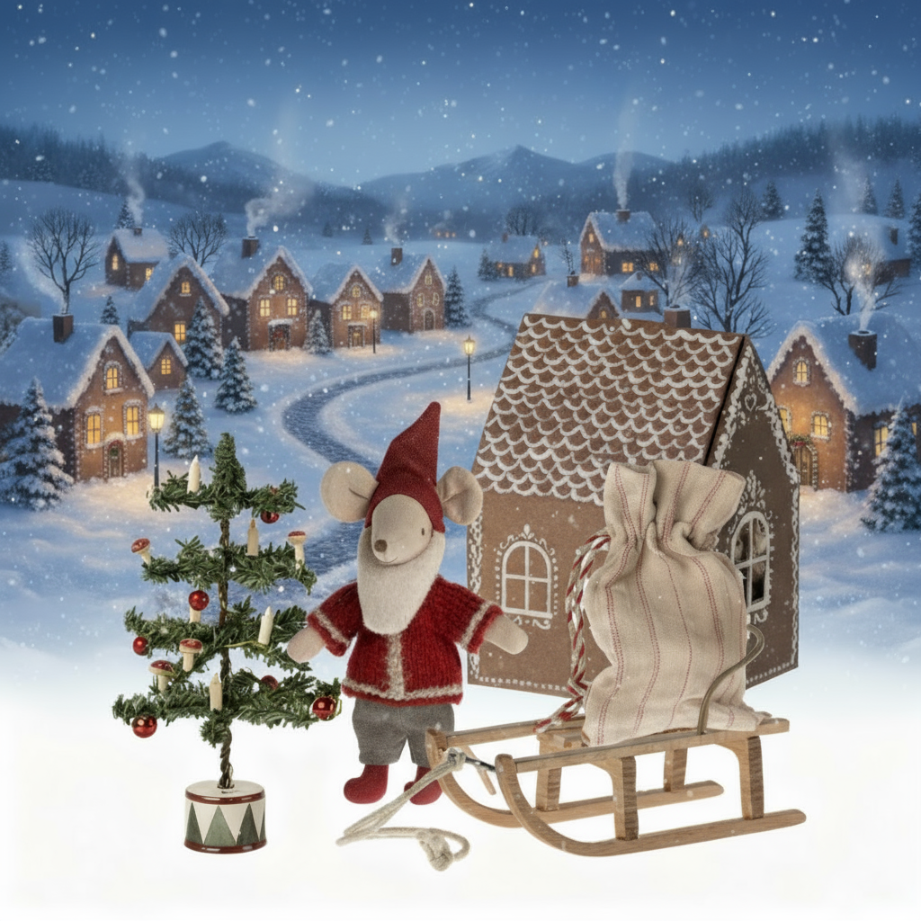 Maileg Santa Mouse, Christmas Tree and Sled Bundle