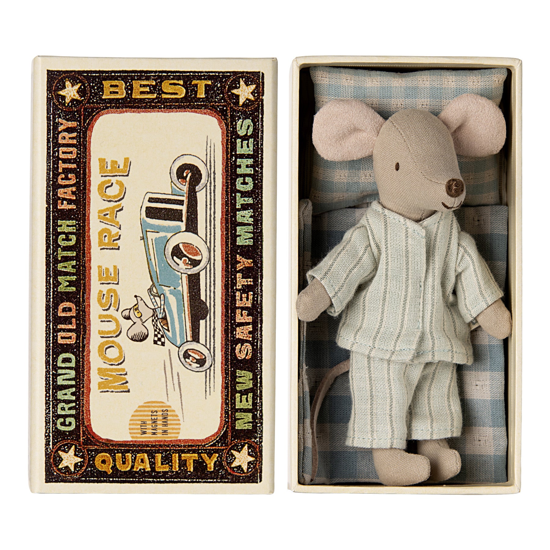 maileg big brother mouse dressed in pjs laying in a matchbox bed