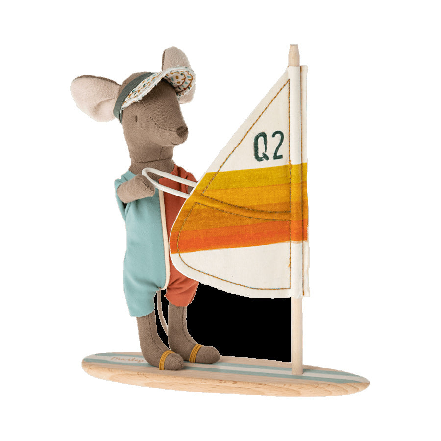 maileg big brother surfer mouse with blue and orange swimsuit standing on windsurf board