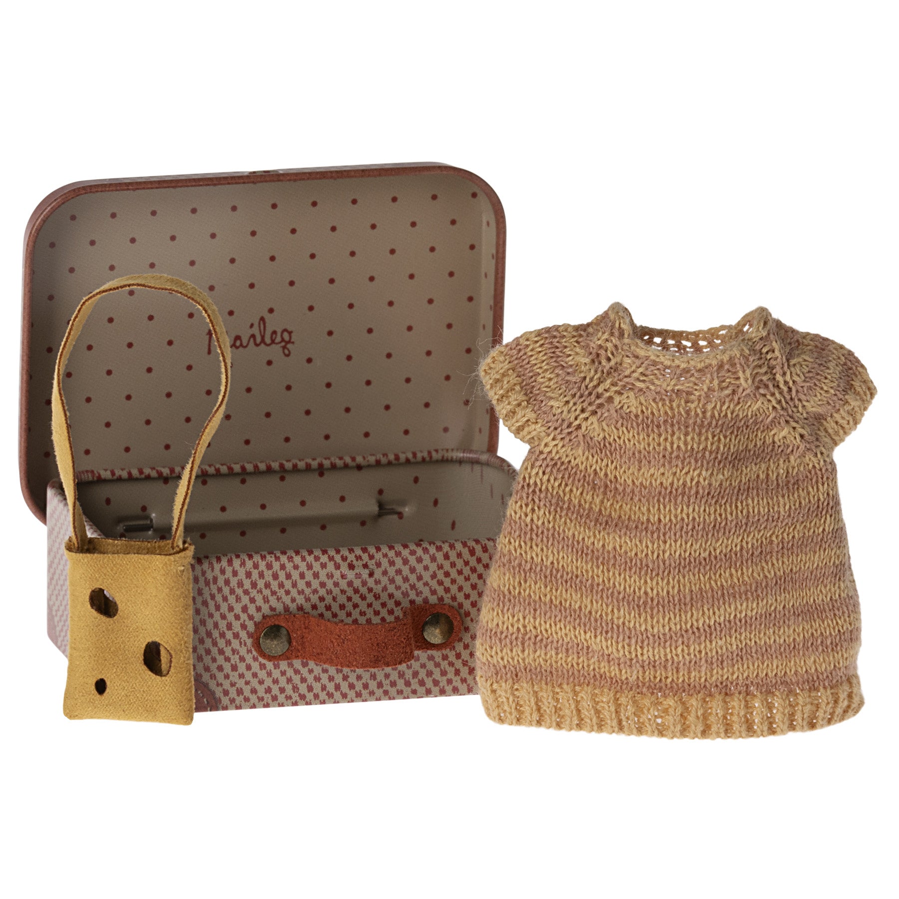 maileg knitted dress and bag next to a metal  case