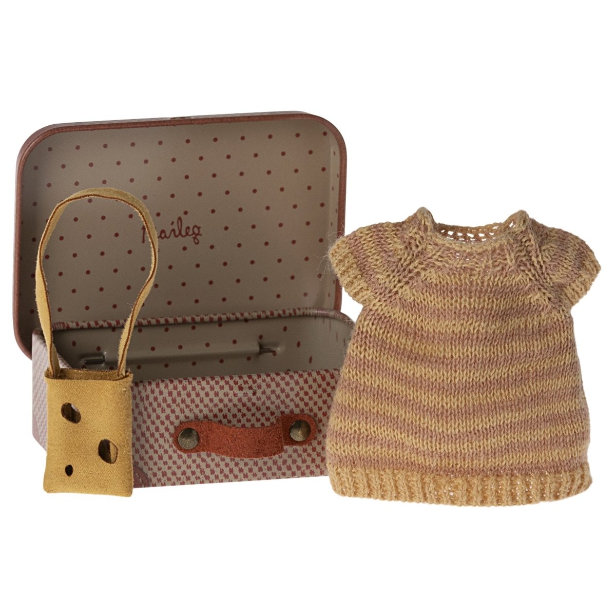 Maileg Knitted Dress and Bag in Suitcase, Big Sister Mouse - Discounted - I Want That Present