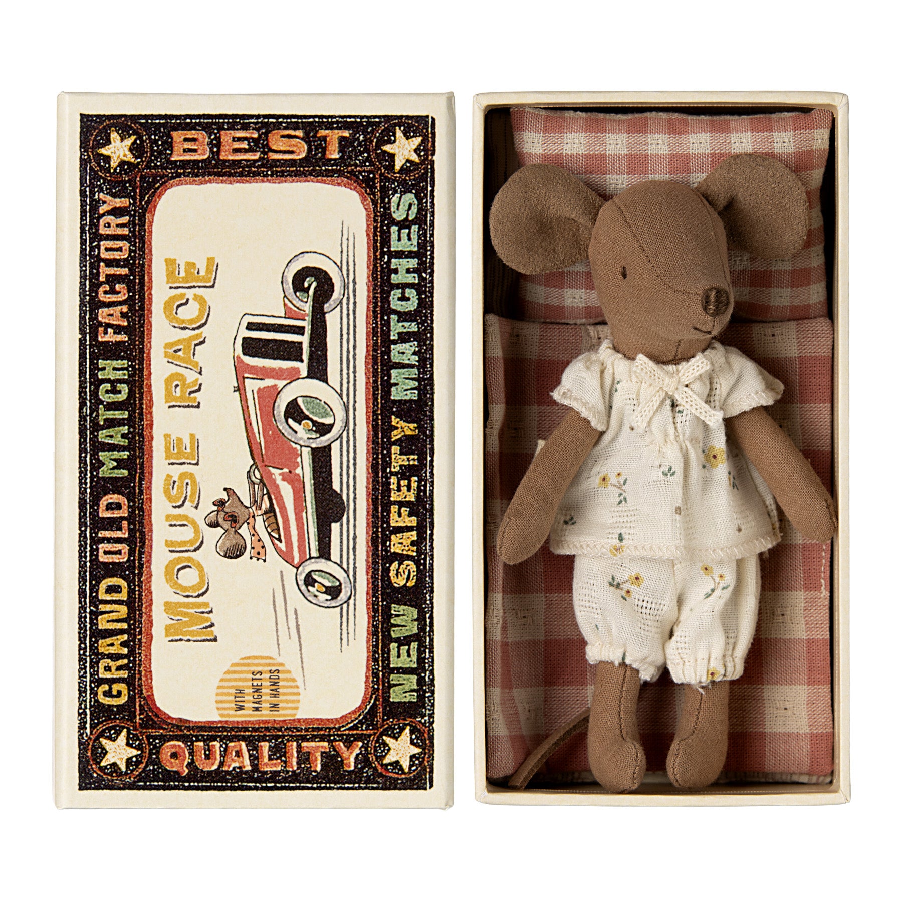 maileg brown linen mouse in white pjs with yellow flowers laying in her matchbox bed with red check blankets