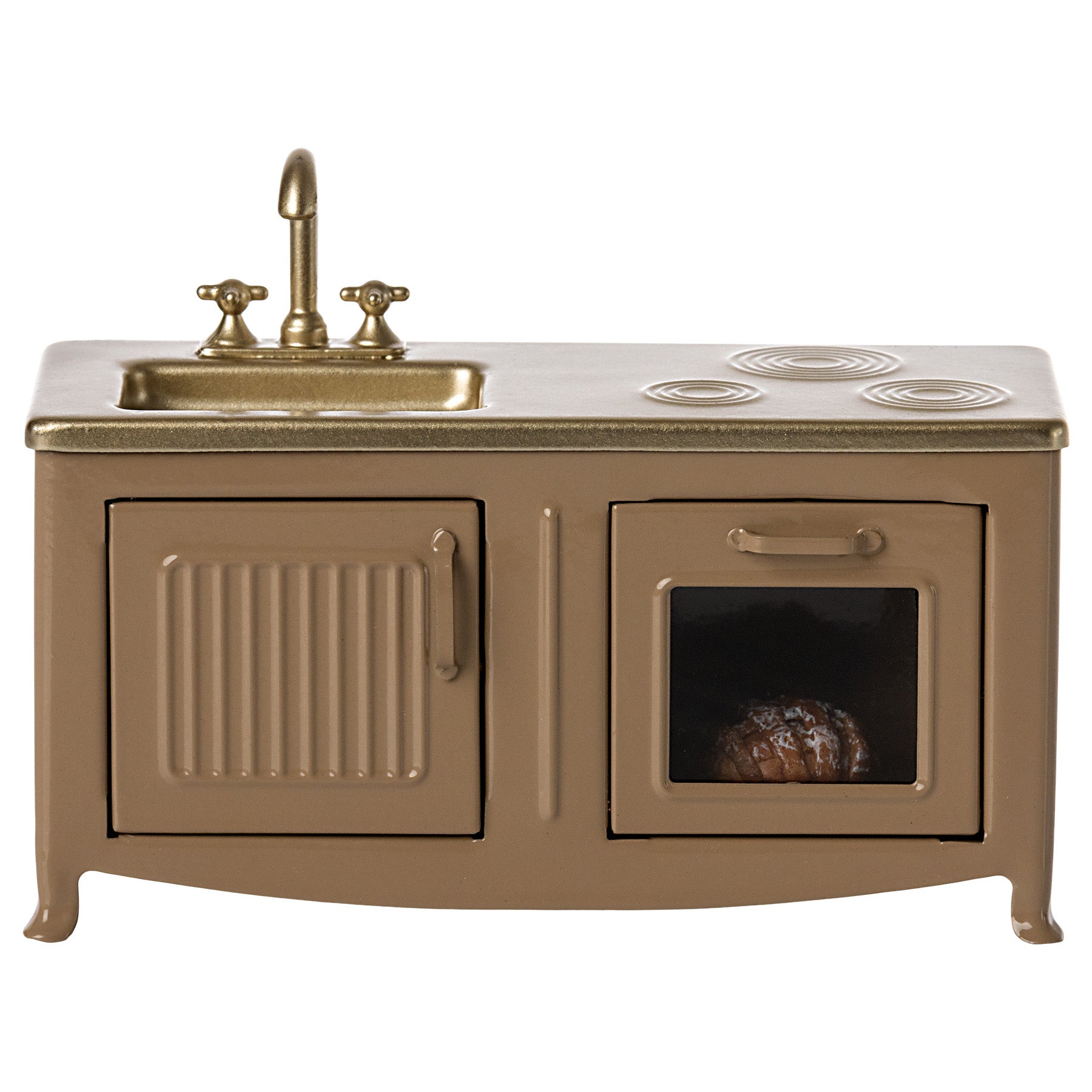 maileg mouse light brown kitchen with a sink & taps, hob, a cuboard and oven with a loaf of bread inside