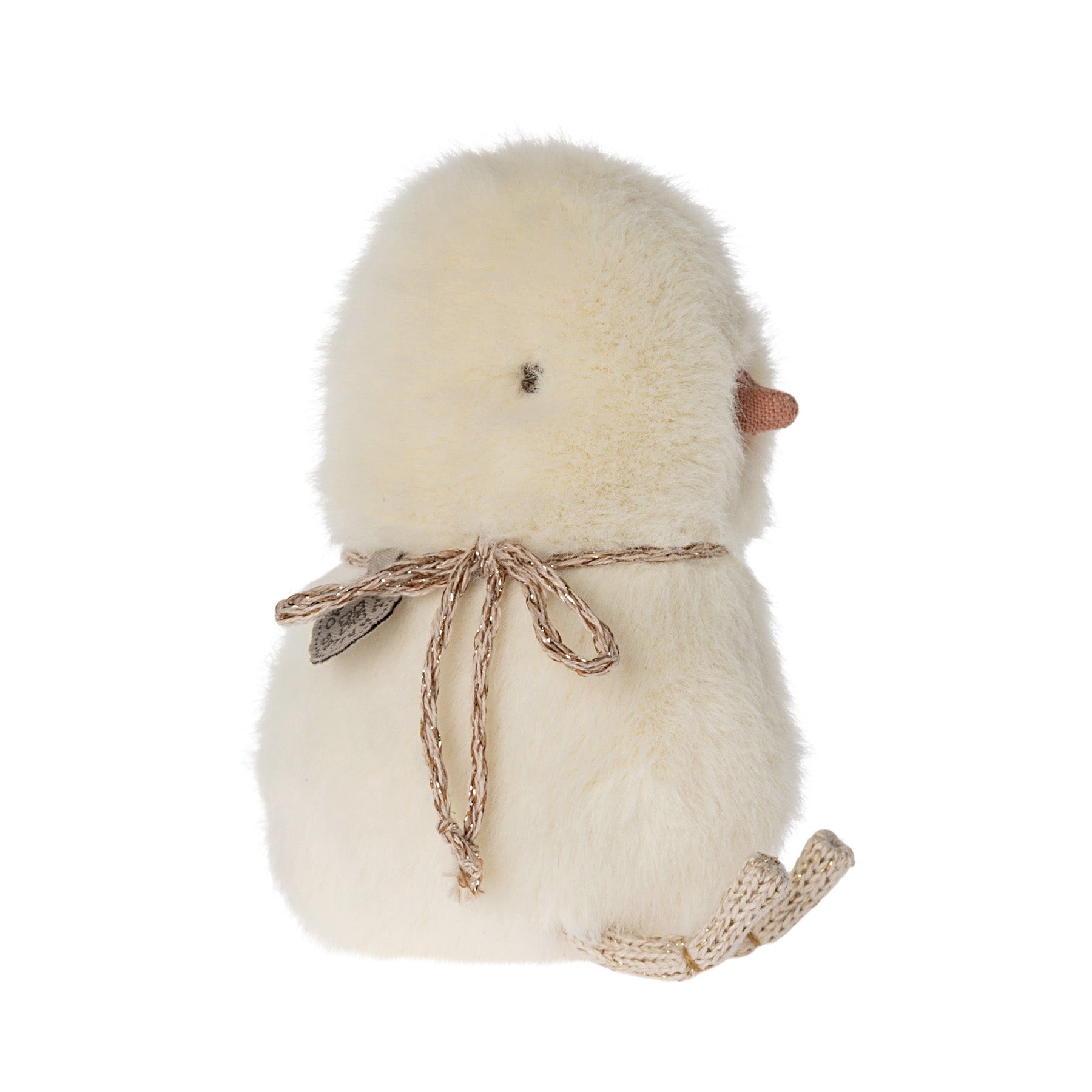 maileg tiny yellow fur chicken with a string bow