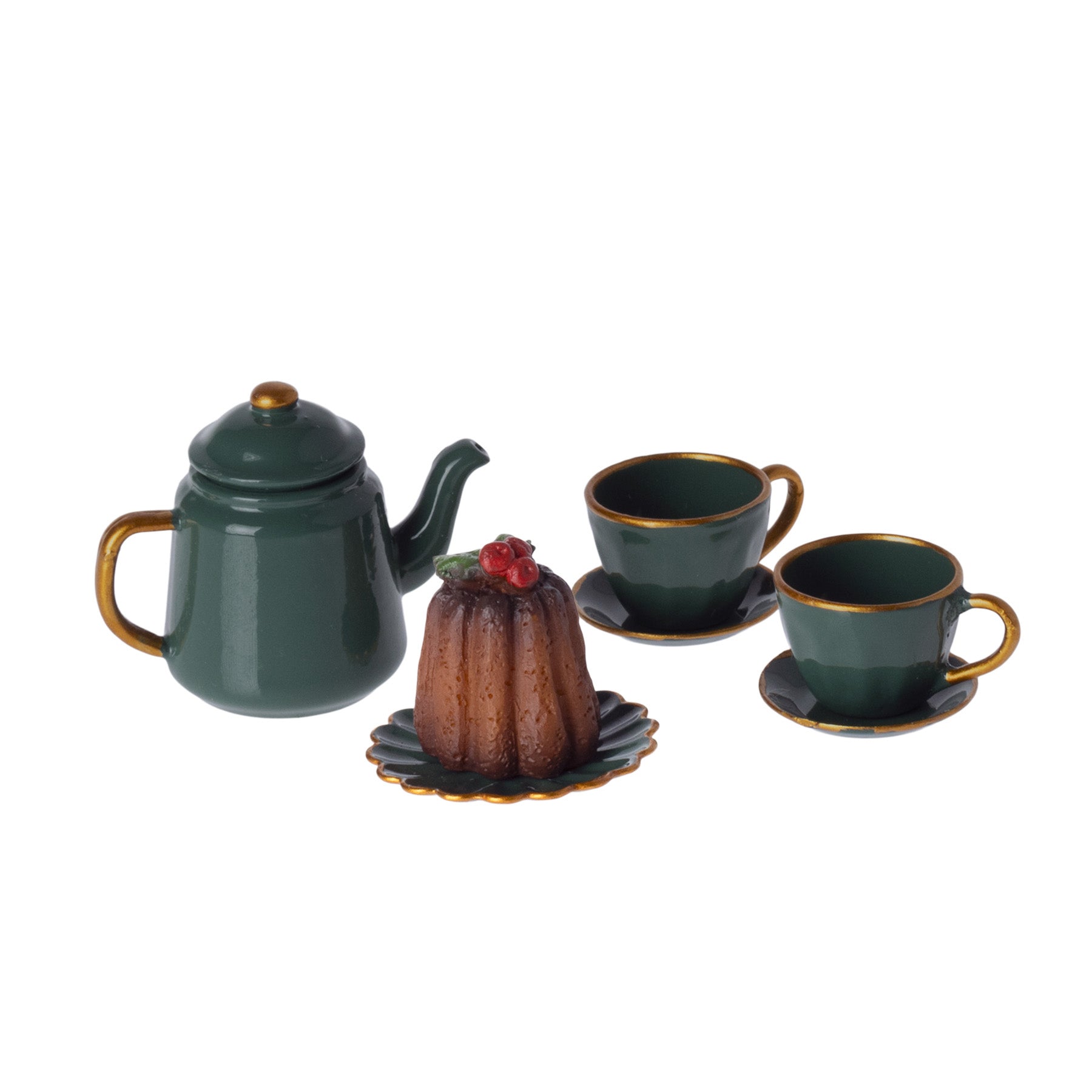 maileg christmas set, two cups and saucers, teapot, and yummy cake
